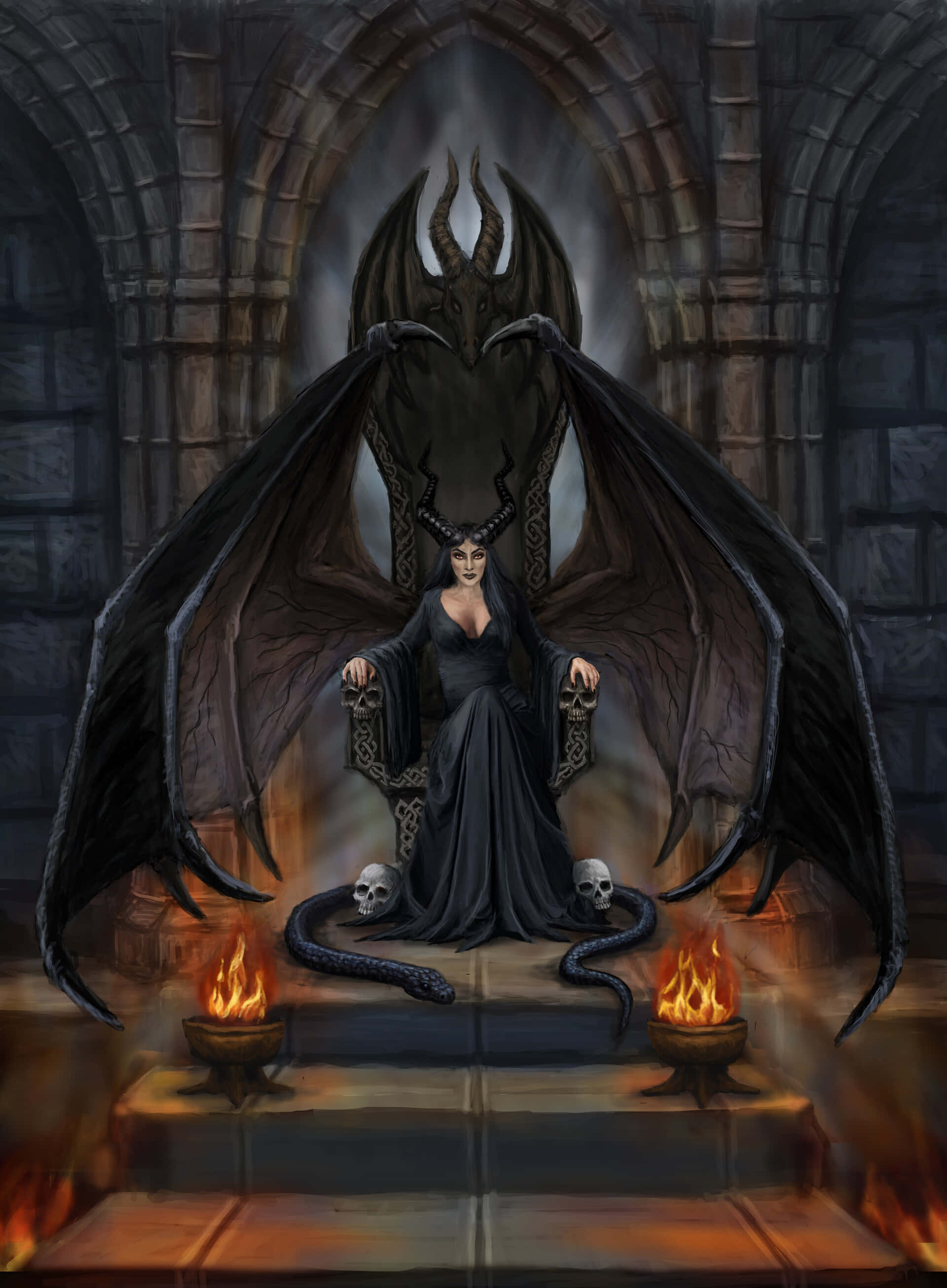 Dark Queen 桌布 壁紙 — 一位長有角及蛇尾的暗翼惡魔女王，威嚴地坐在哥德式大教堂的石製王座上，兩旁有骷髏頭和搖曳的火把。