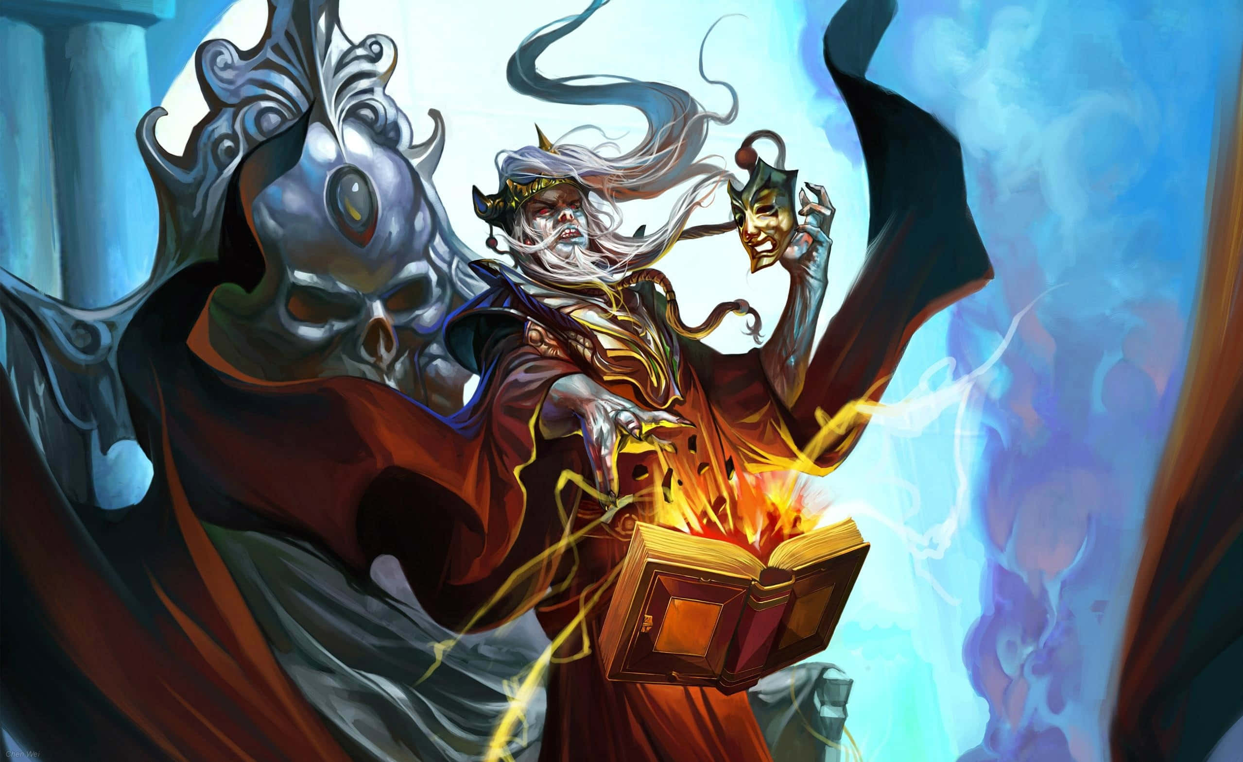 Magic Spell 桌布 壁紙 — 一位長白髮的巫師與一個骷髏臉的同伴，在旋轉的藍天下從一本打開的書中施展火焰魔法。