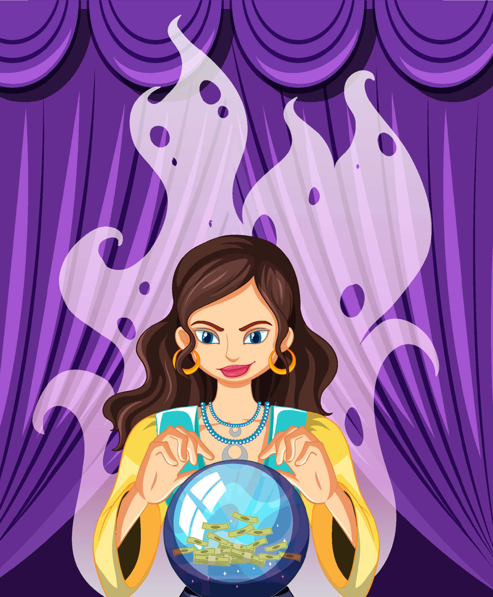 Fortune Teller 桌布 壁紙 — 一位長著棕色長髮的卡通占卜師，在紫色窗簾背景下，手持一個裝滿美元鈔票的水晶球。