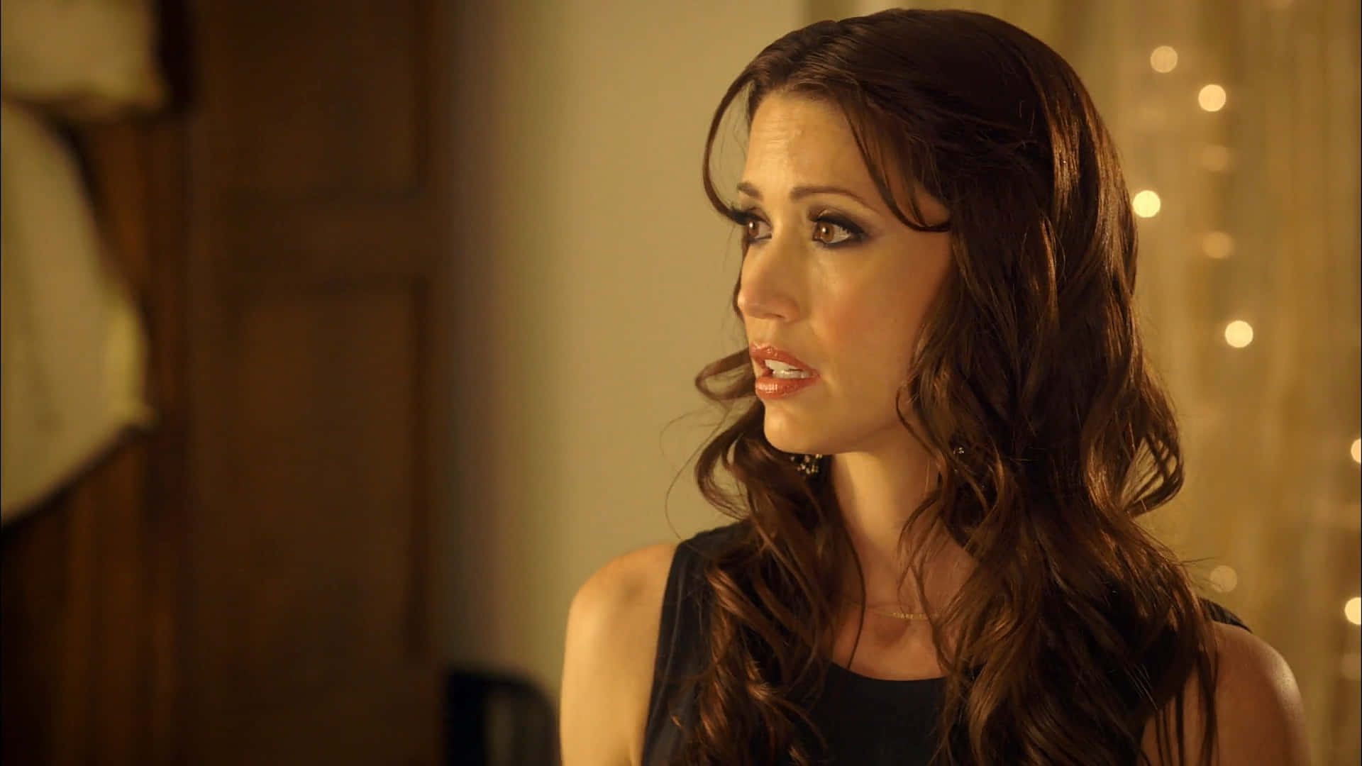 Shannon Elizabeth 桌布 壁紙 — 一位長著棕色長髮的女性在一個裝飾著串燈的溫暖房間裡若有所思地凝視著。