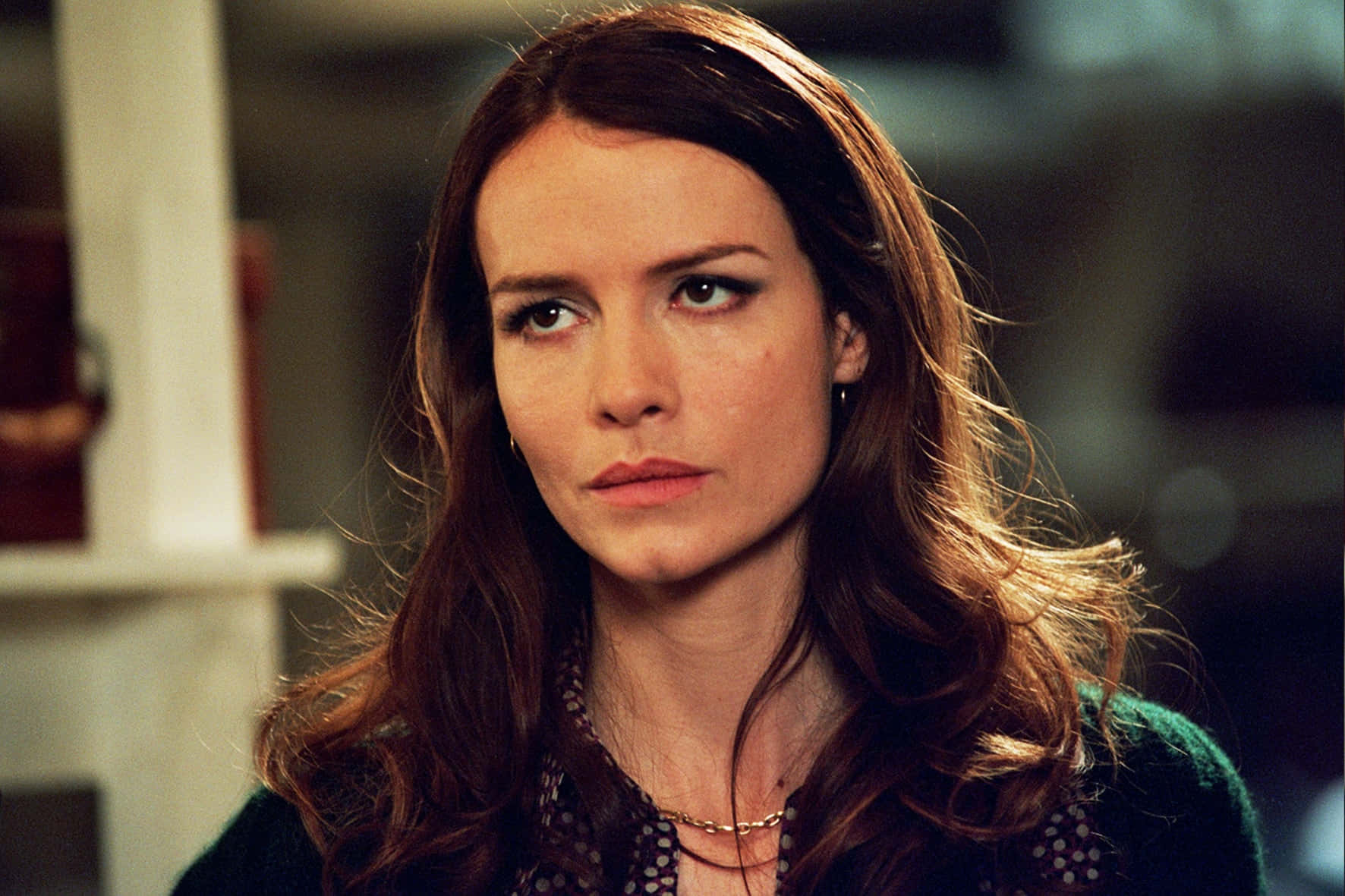 Saffron Burrows 桌布 壁紙 — 一位長著棕色長髮的女性在柔和光線的室內環境中專注地向前凝視。
