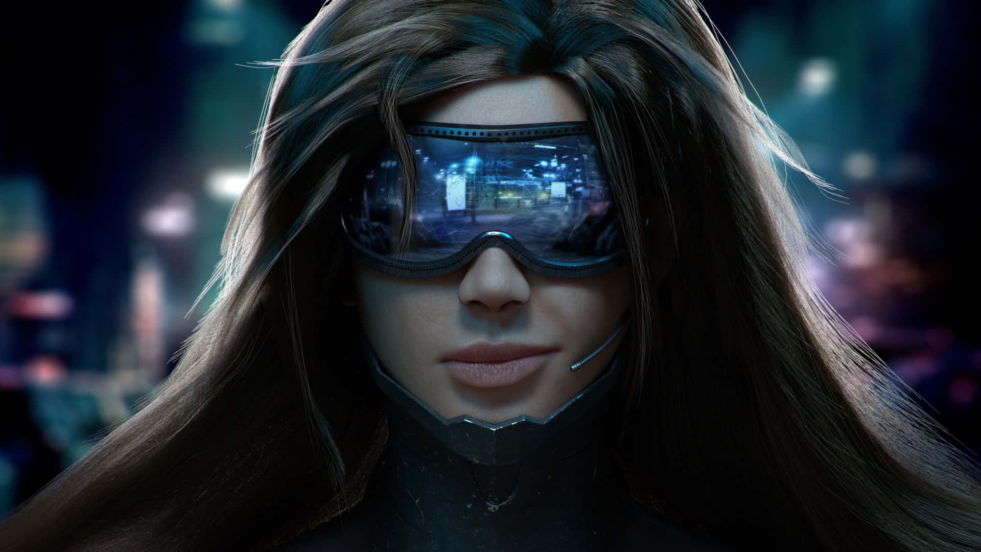 Cyberpunk 2077 Characters 桌布 壁紙 — 一位長著棕色長髮的未來主義女性，在黑暗的城市夜景中佩戴著時尚的電子護目鏡，反射著霓虹燈光。
