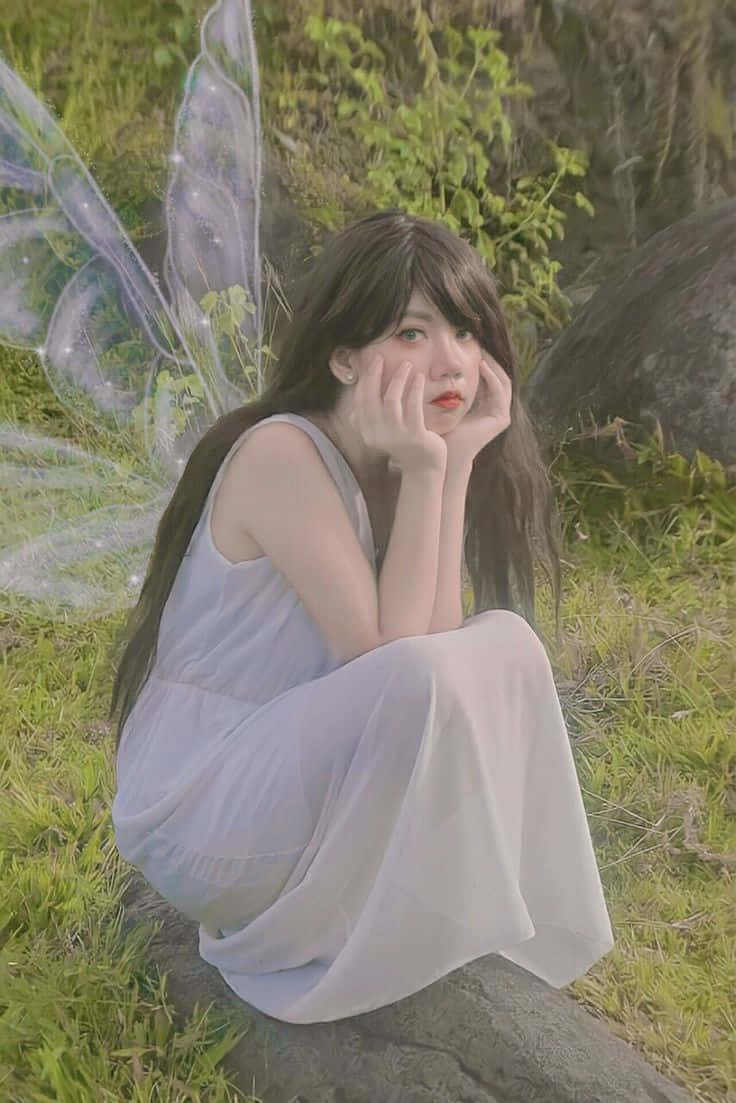 仙子美學動態圖 桌布 壁紙 — 一位長著深色長髮和半透明仙女翅膀的年輕女子，若有所思地坐在陽光普照的森林空地上長滿苔蘚的石頭上。
