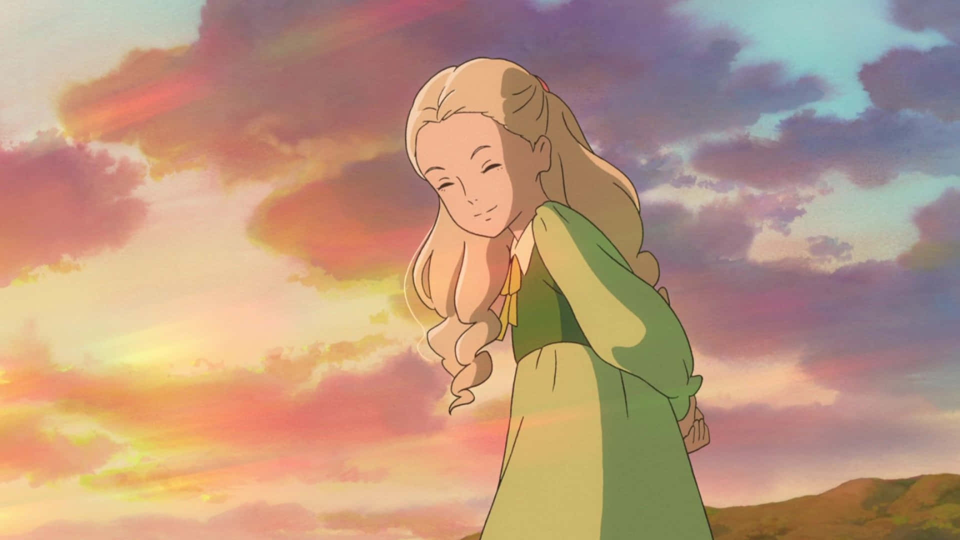 when marnie was there 桌布 壁紙 — 一位長著金色長髮的寧靜動漫女孩，在充滿粉紅色、橙色和紫色雲彩的鮮豔日落天空下溫柔微笑。