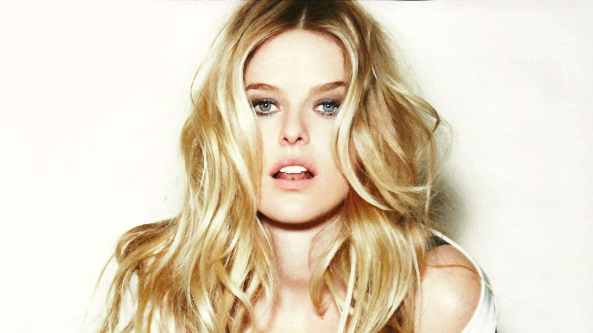alice eve 桌布 壁紙 — 一位長著長波浪金髮和引人注目的藍眼睛的女性，在純白色背景上的特寫肖像。
