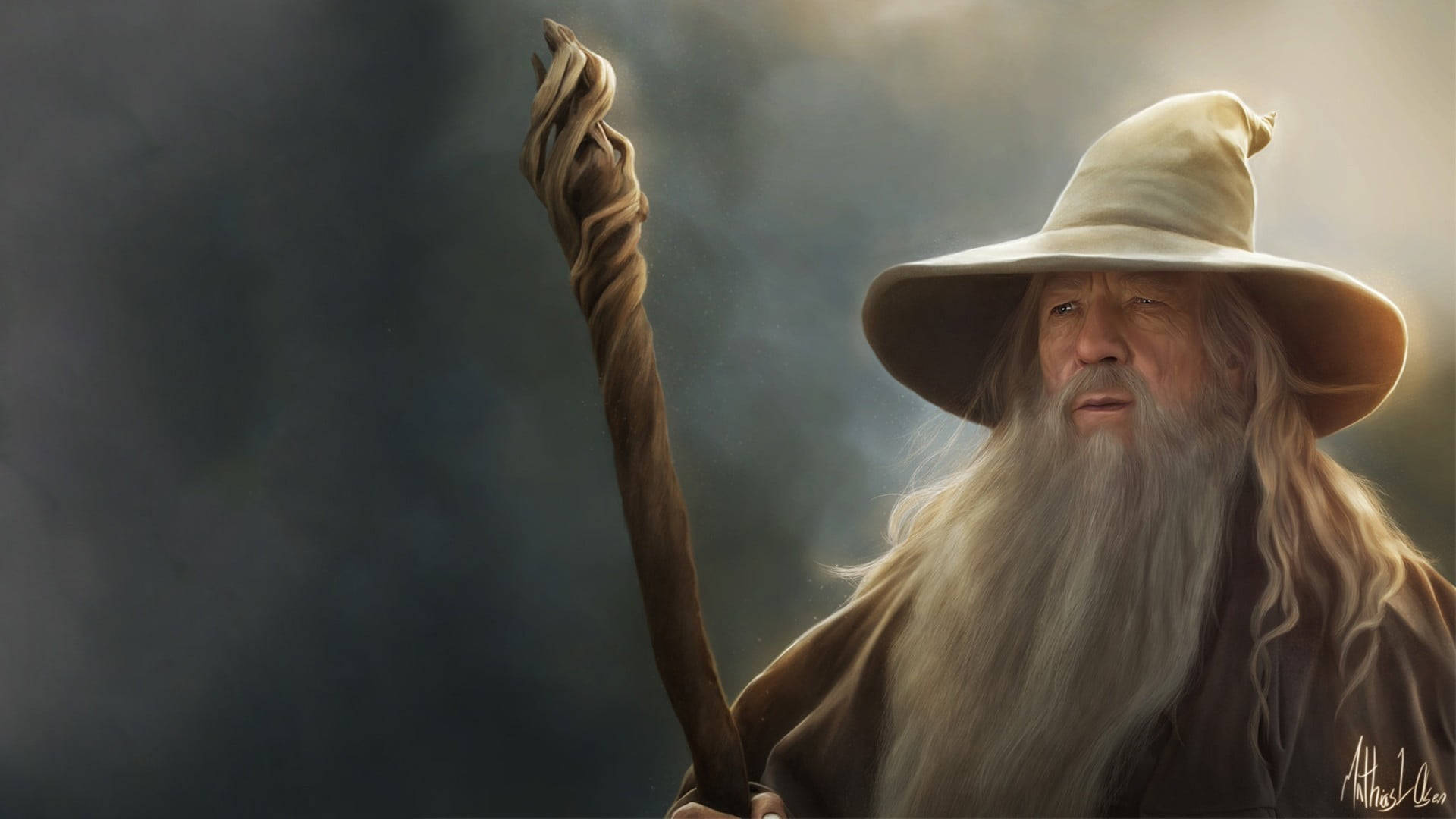 Lord Of The Rings Landscape 桌布 壁紙 — 一位長著長長白鬍鬚、戴著尖帽子的老巫師，在黑暗煙霧繚繞的背景中握著一根扭曲的手杖。
