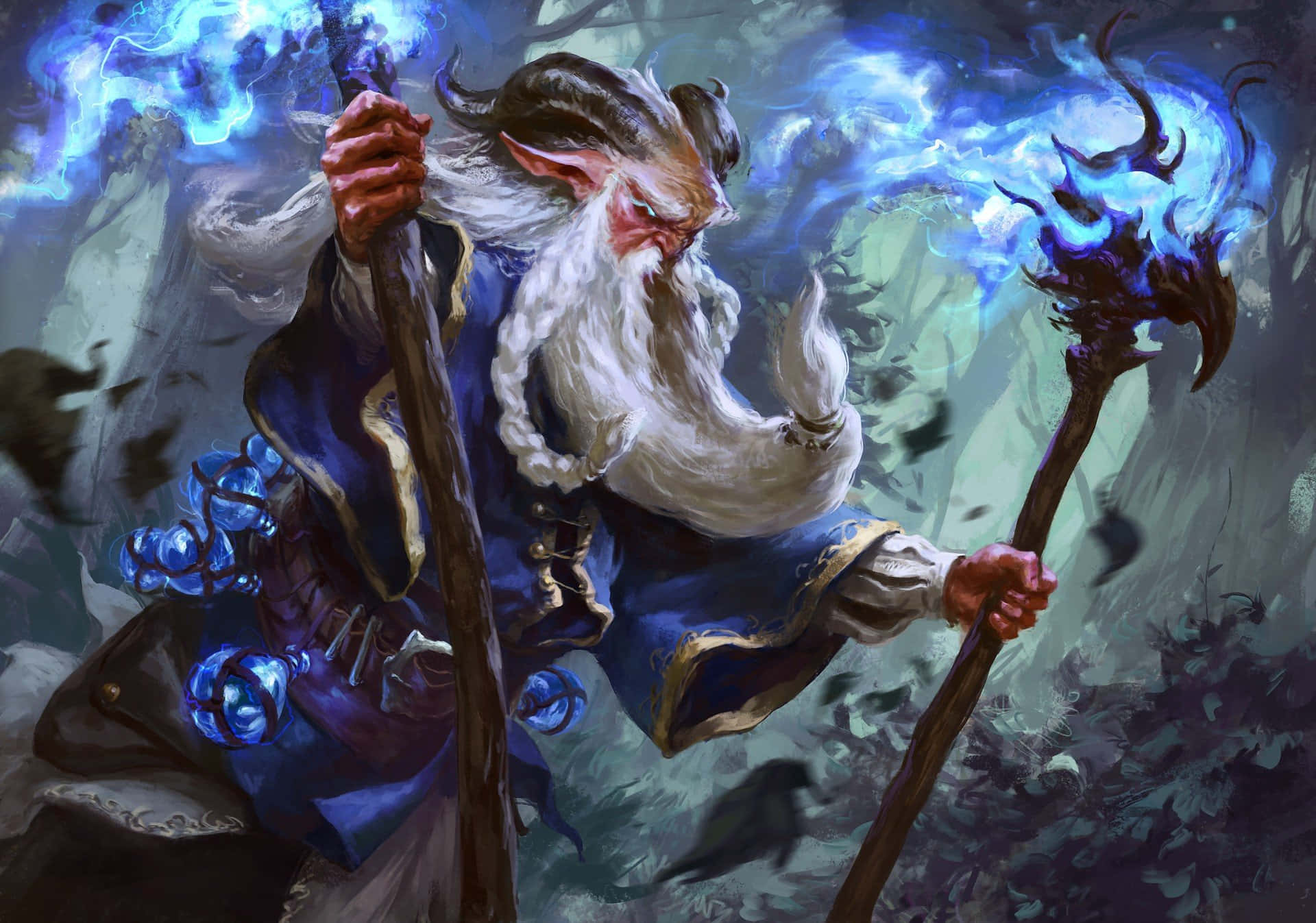 Sorcerer 桌布 壁紙 — 一位長著長長白鬍鬚的年長巫師，在黑暗森林中揮舞著發光的藍色法杖，周圍環繞著旋轉的魔法能量。