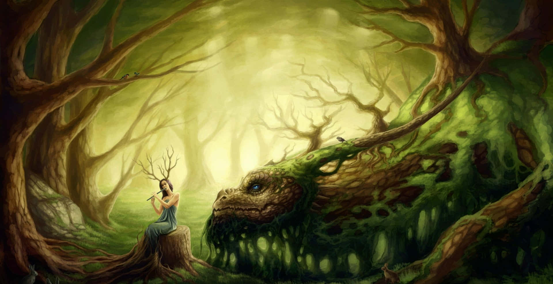 Enchantment 桌布 壁紙 — 一位長著鹿角的女性冷靜地坐在樹樁上，旁邊是一條長滿青苔的龍，身處沐浴在金色光芒中的神秘森林。
