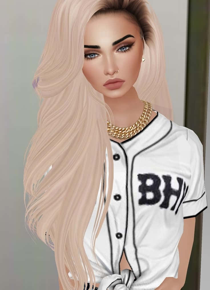 imvu 桌布 壁紙 — 一位長金髮女性穿著帶有粗體黑色字樣的白色棒球衣和一條粗金鏈的風格化數位肖像。