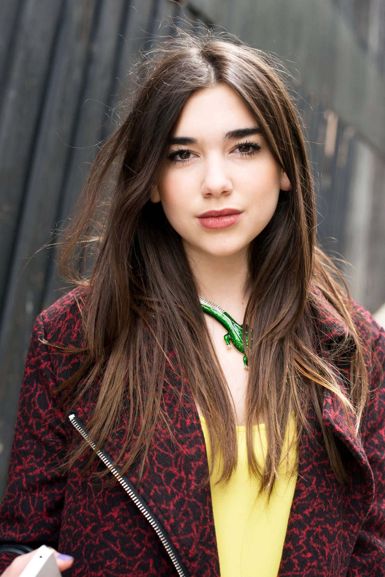 Dua Lipa 桌布 壁紙 — 一位長長棕色頭髮的年輕女性，穿著紅色圖案外套配黃色上衣和綠色項鍊，背景是深色木柵欄。