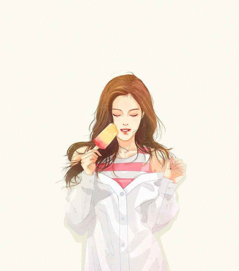 Jennie Kim 桌布 壁紙 — 一位長長棕色頭髮的年輕女性，穿著白色襯衫內搭條紋上衣，在柔和的米色背景前享用色彩繽紛的冰棒。