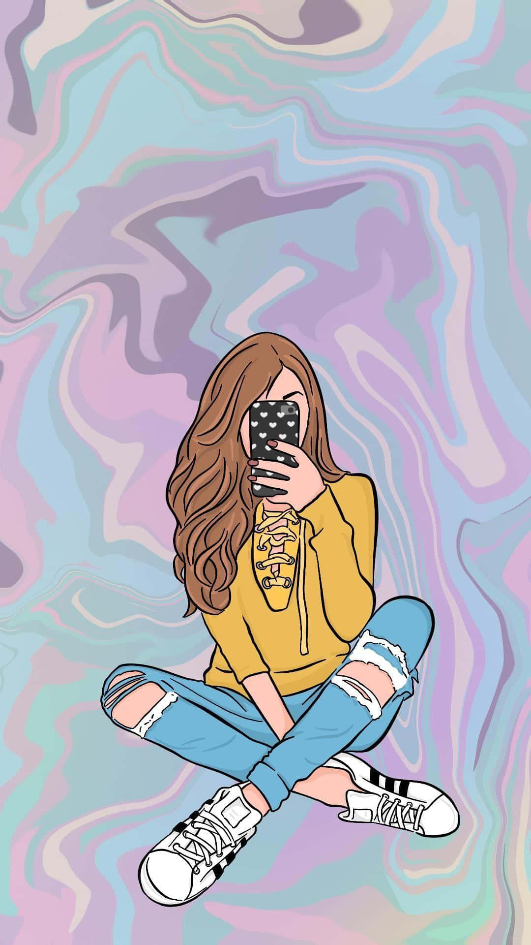可愛少女風gif 桌布 壁紙 — 一位長長棕色頭髮的年輕女性盤腿坐在旋轉的粉彩背景前，拿著手機自拍。