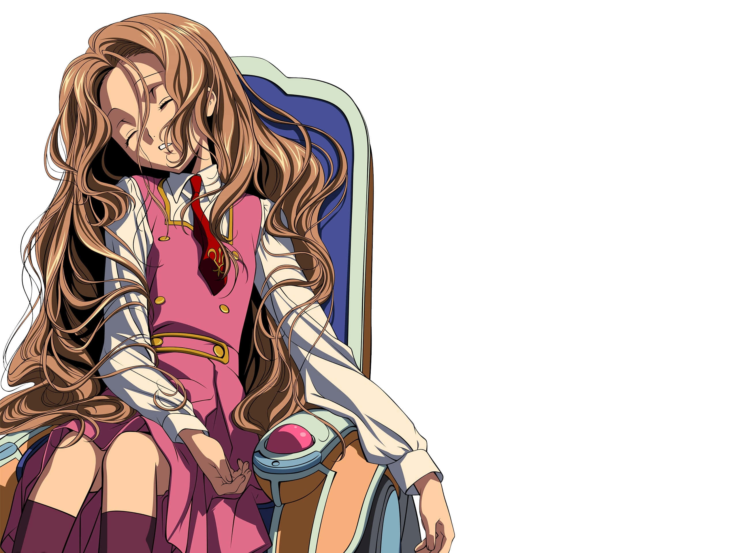 Nunnally Lamperouge 桌布 壁紙 — 一位長髮動漫女孩穿著粉紅色服裝，在白色背景前的未來感椅子上安然入睡。