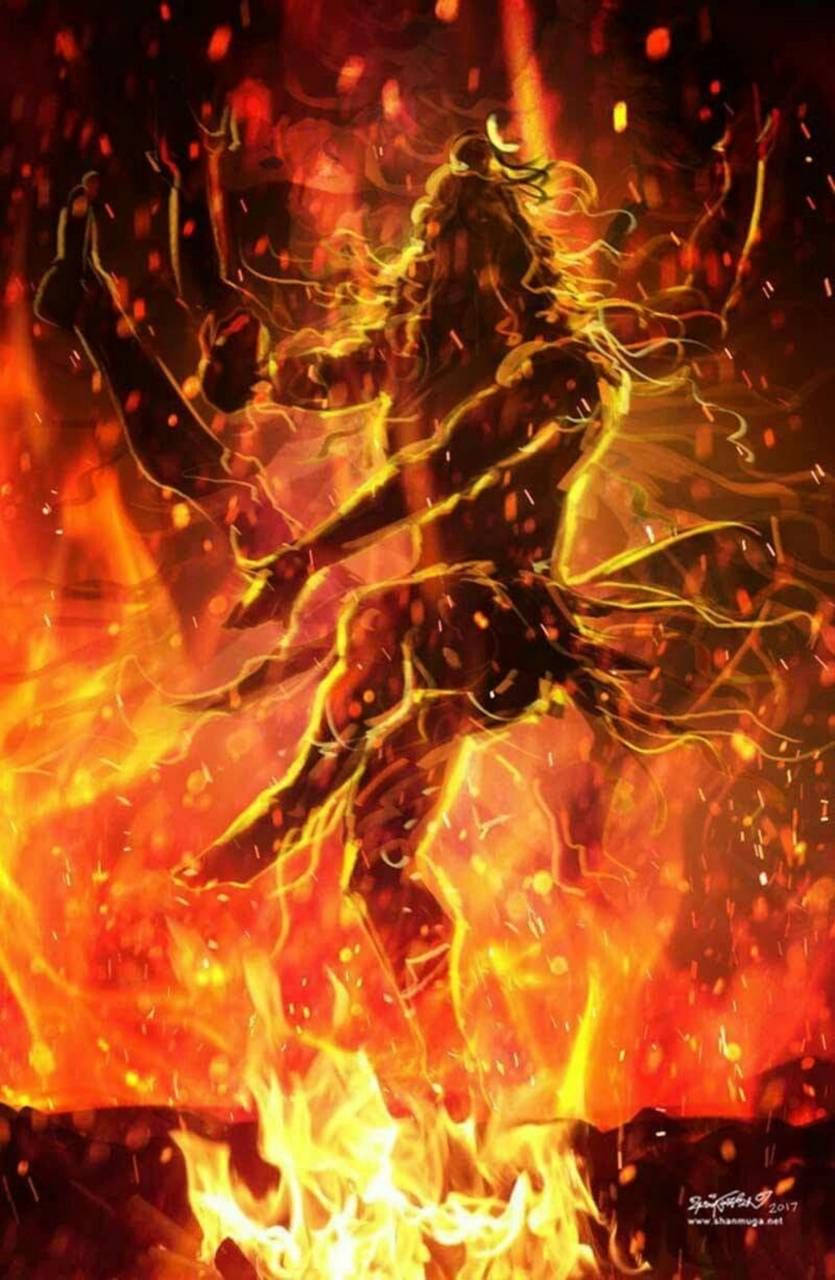 Lord Shiva 桌布 壁紙 — 一位長髮多臂的火神在咆哮的火焰和發光的餘燼中起舞，構成戲劇性的神聖場景。