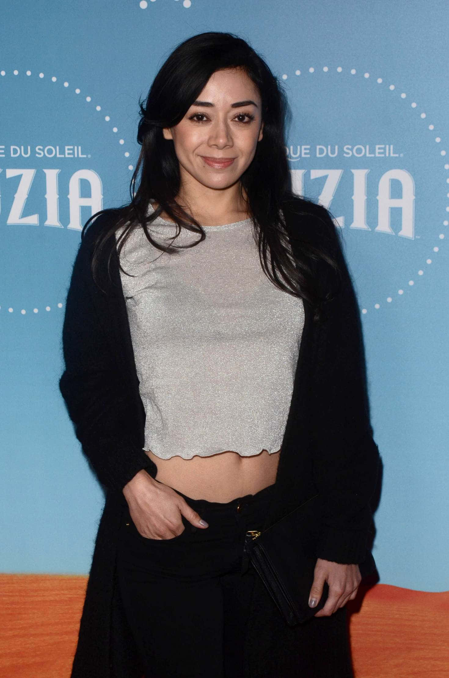 Aimee Garcia 桌布 壁紙 — 一位長髮深色頭髮的女性，穿著銀色短版上衣和黑色開襟衫，在藍色品牌背景前微笑擺姿勢。