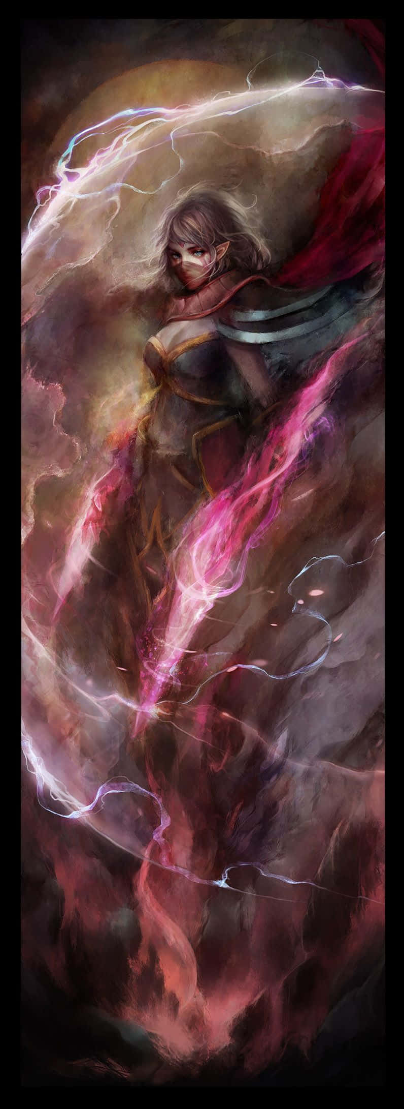 Templar Assassin 桌布 壁紙 — 一位長髮飄逸、披著紅色斗篷的戰士，在旋轉的烏雲中釋放出噼啪作響的粉紅色和白色閃電。