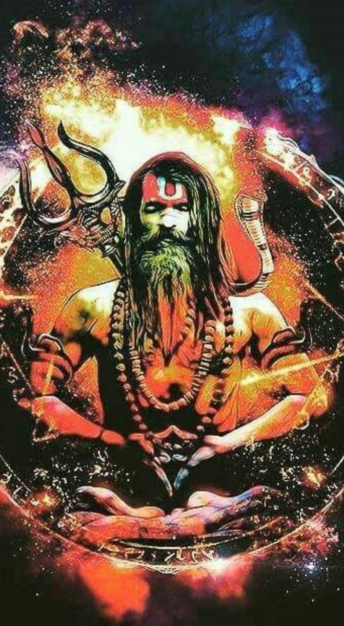 Aghori 桌布 壁紙 — 一位長鬍鬚、手持三叉戟的宇宙印度教神祇，在繁星點點的星雲背景下散發出熾熱的能量。