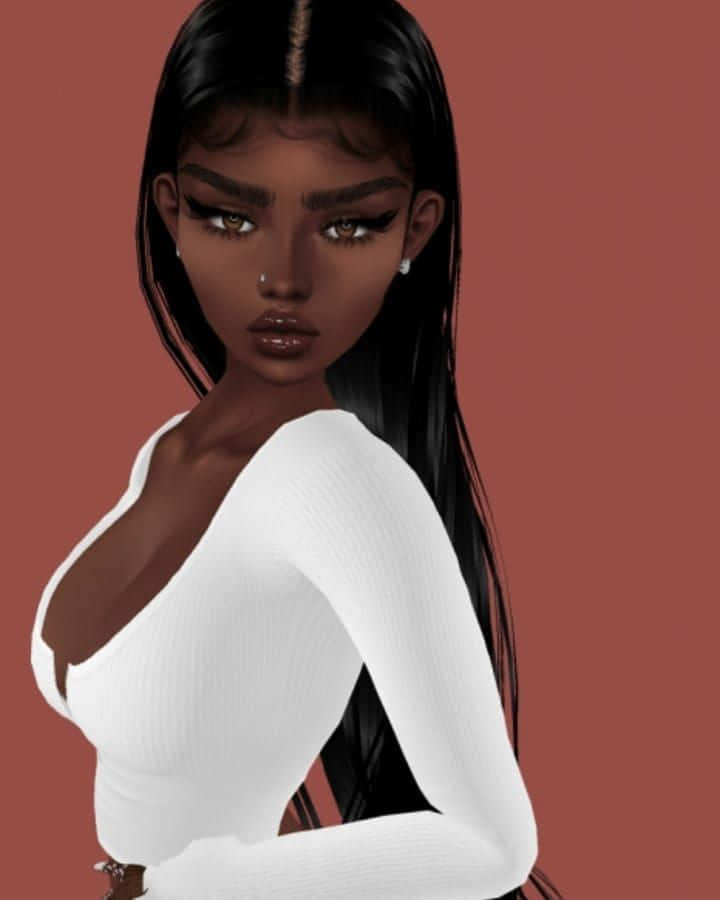 imvu 桌布 壁紙 — 一位長黑髮、化著大膽妝容的女性，身穿白色羅紋上衣，背景為柔和紅色的數碼肖像。