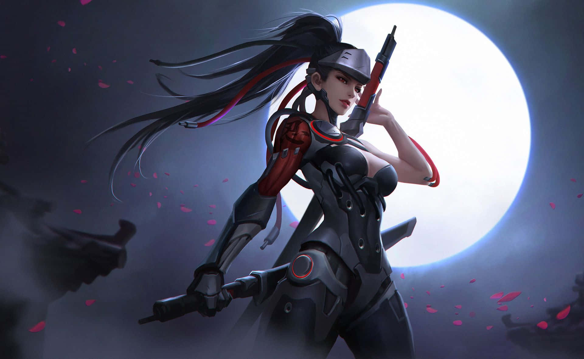Aesthetic Overwatch 桌布 壁紙 — 一位長黑髮、帶紅色點綴的賽博龐克戰士，在明亮的滿月前擺出姿態，粉紅花瓣在她周圍飄落。