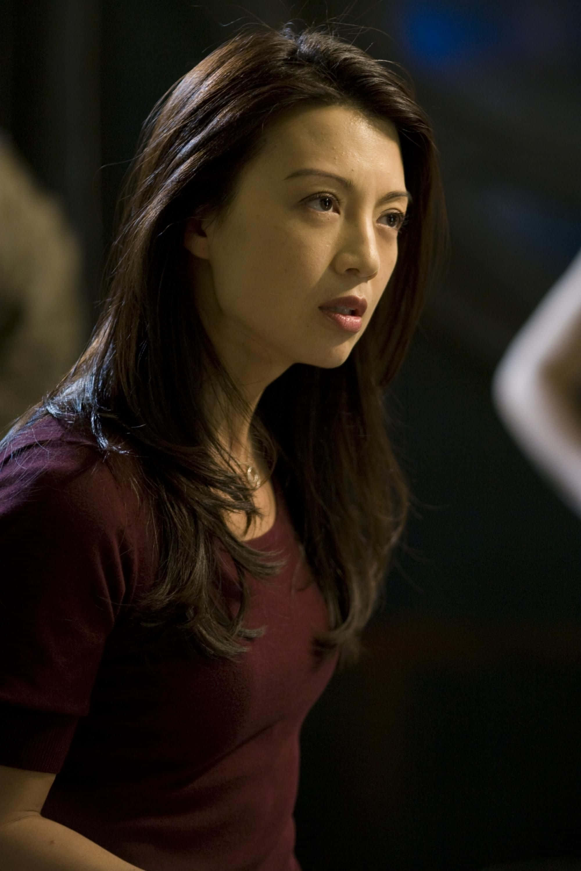 Ming Na Wen 桌布 壁紙 — 一位長黑髮、身穿栗色襯衫的女性，在昏暗的室內環境中若有所思地望向一旁。