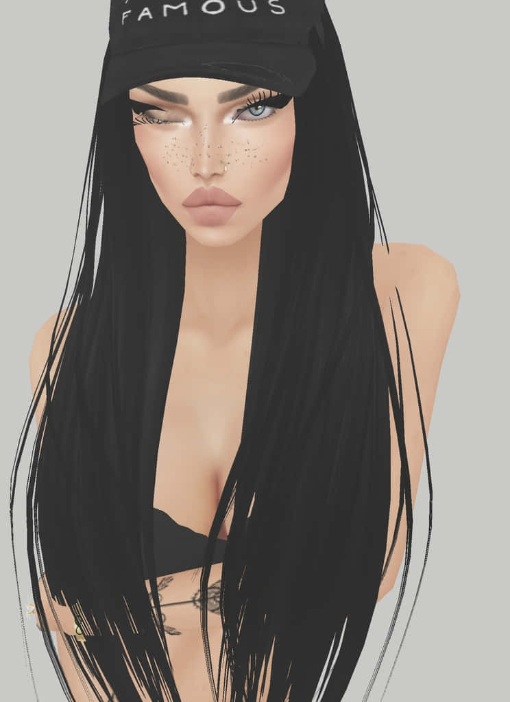imvu 桌布 壁紙 — 一位長黑髮女性戴著黑色鴨舌帽和露肩上衣，以純灰色背景的數碼肖像。