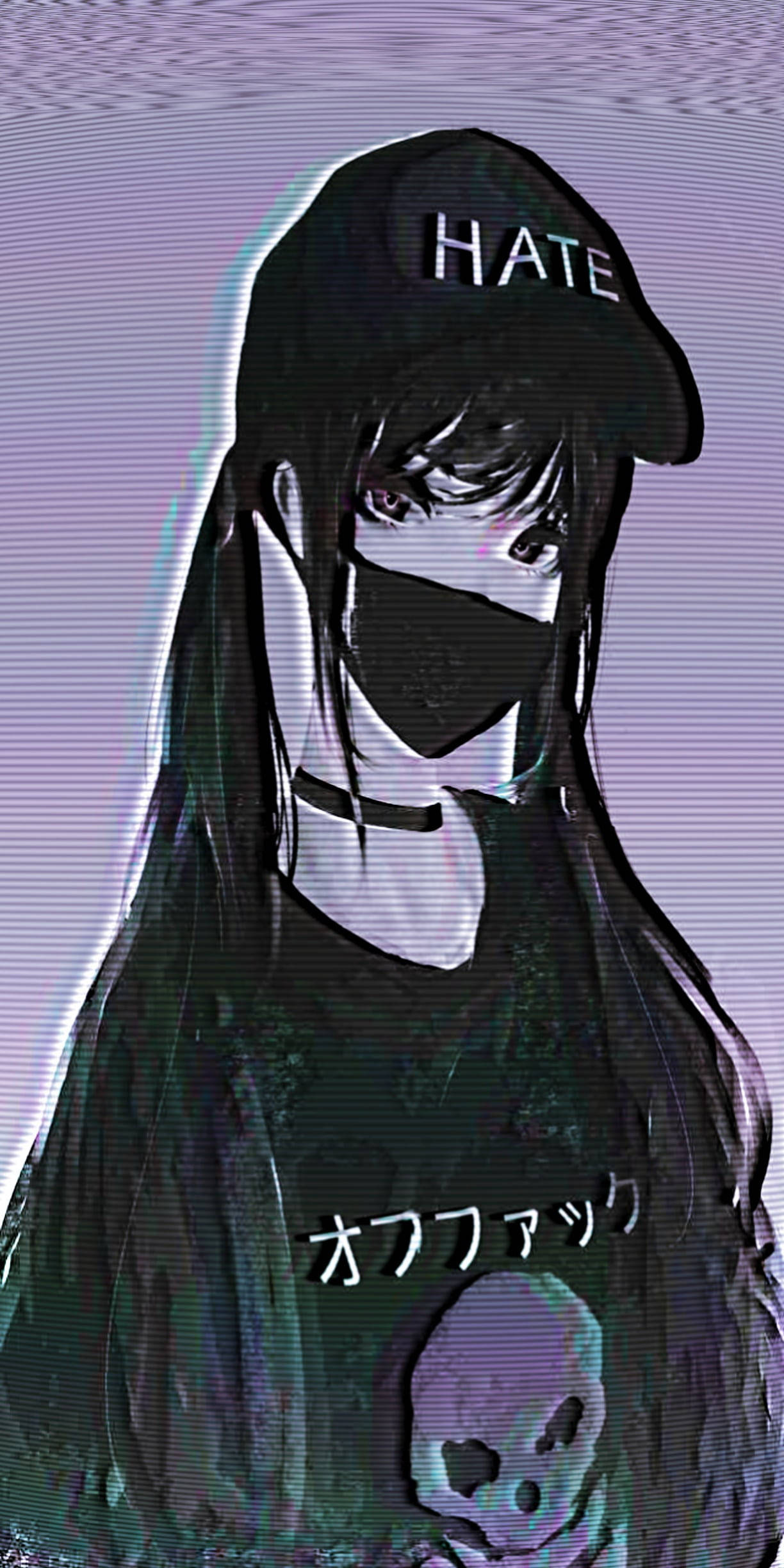 哥德 桌布 壁紙 — 一位長黑髮的動漫女孩戴著寫有HATE的黑色帽子，穿著骷髏圖案襯衫，背景是帶有故障效果的紫色。