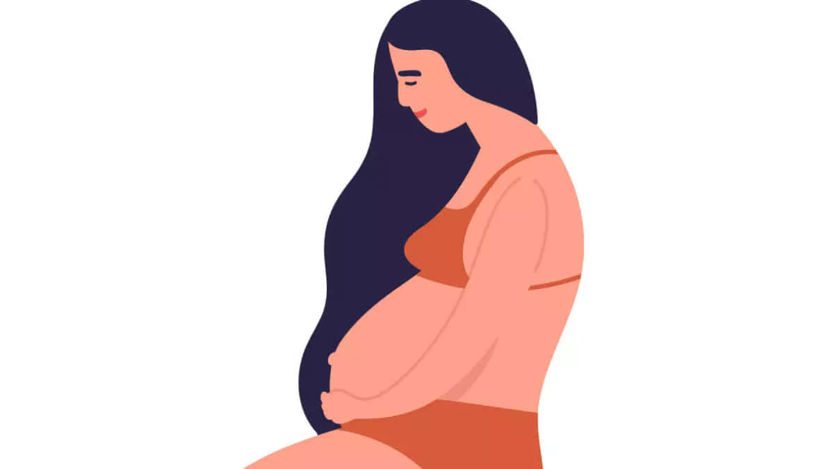 pregnancy 桌布 壁紙 — 一位長黑髮的孕婦輕輕地抱著她的肚子，柔和極簡插圖。