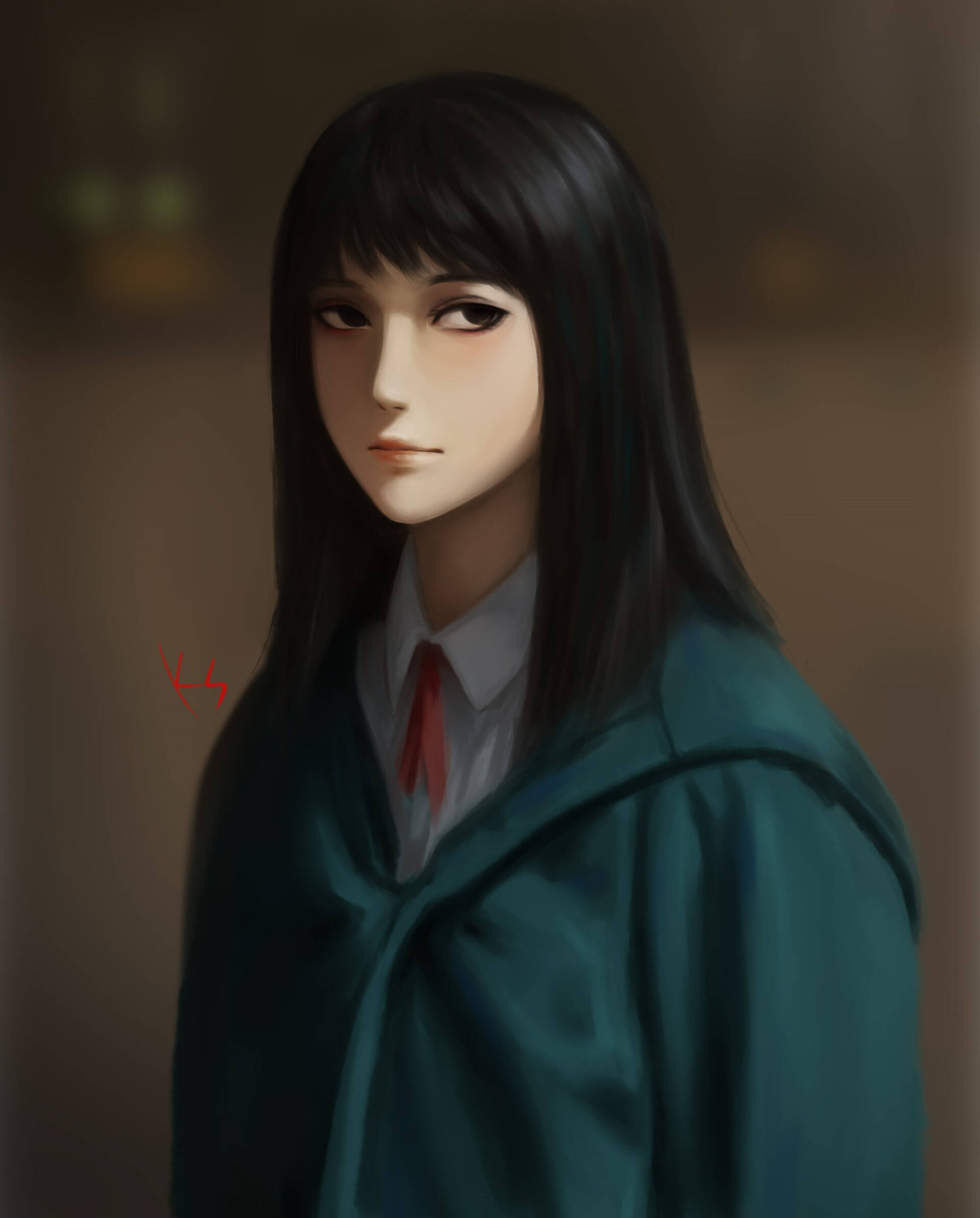 HD 桌布 壁紙 — 一位長黑髮的寧靜動漫女孩，身穿白色襯衫和紅色領帶，外披一件青綠色長袍，背景是柔和模糊的暖色調。