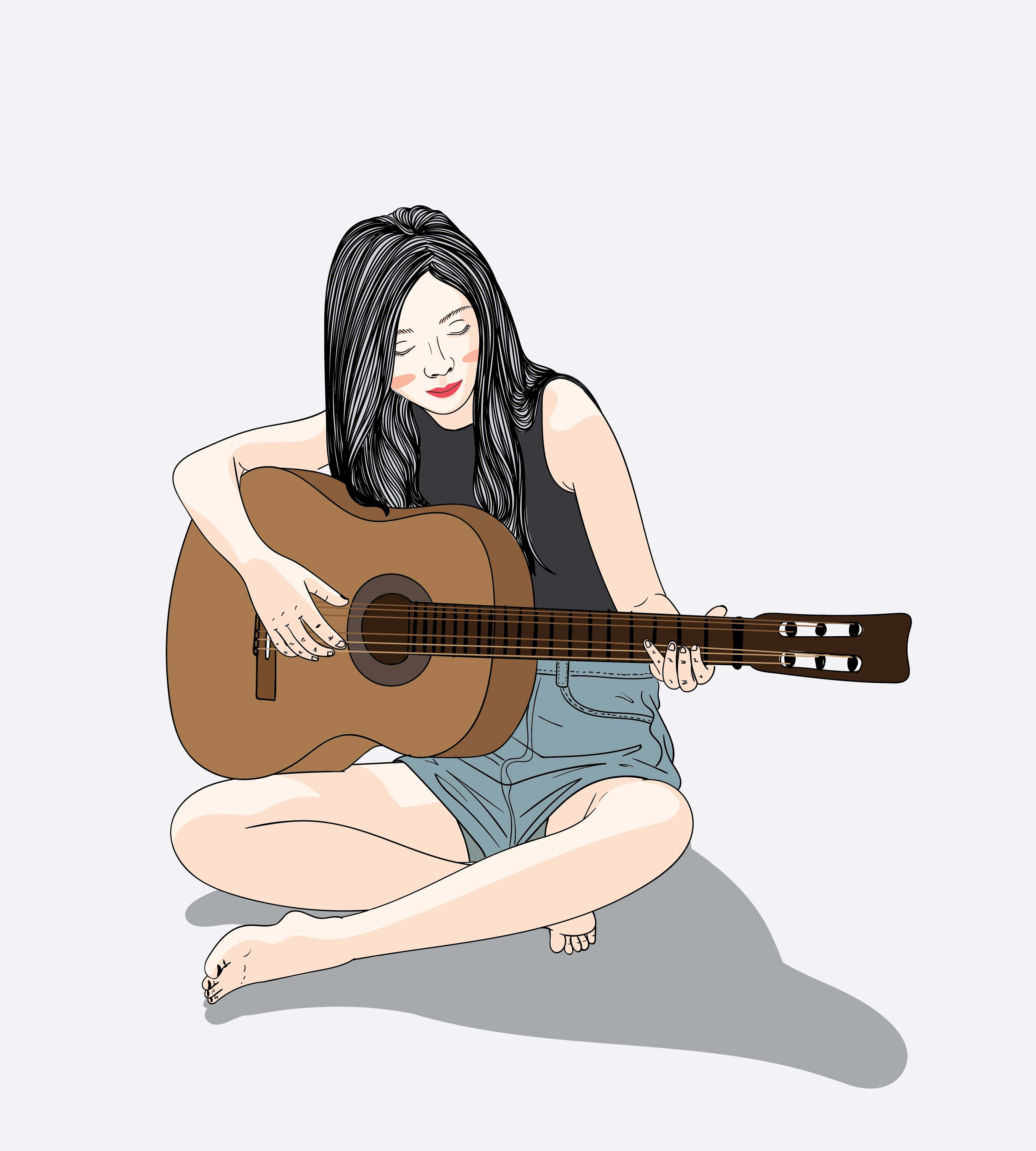 Cartoon Music 桌布 壁紙 — 一位長黑髮的年輕女性盤腿而坐，閉著眼睛，帶著平靜的微笑彈奏木結他。