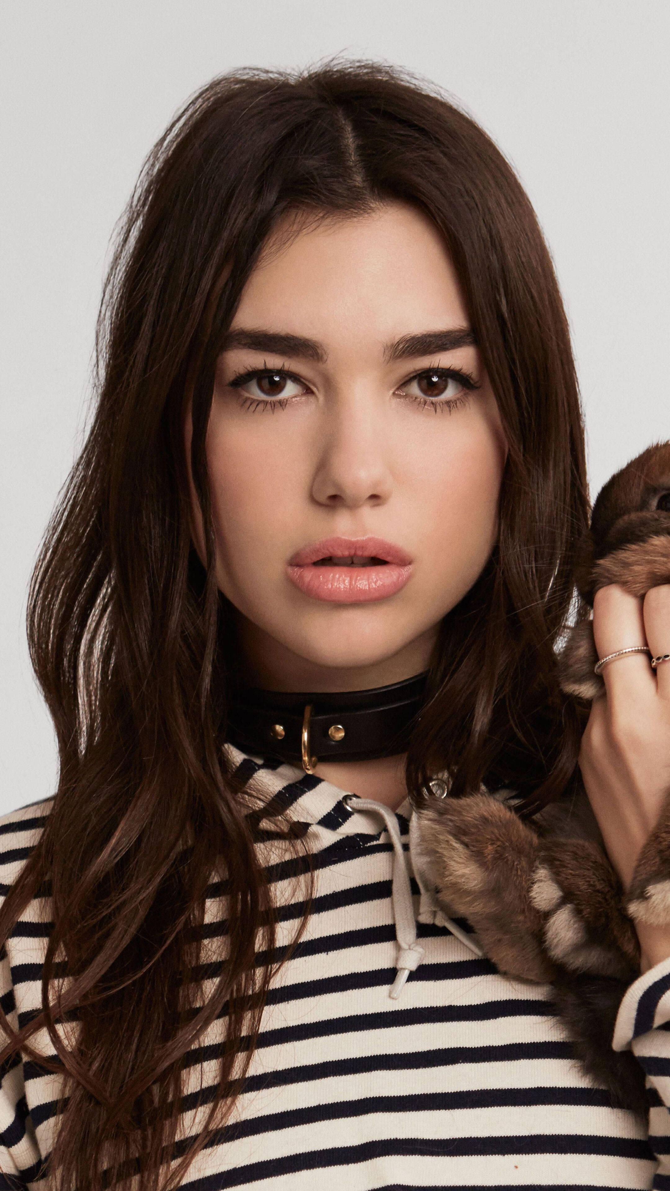 Dua Lipa 4K《Miss Vogue》 壁紙 — 一位長黑髮的年輕女性穿著條紋連帽衫和黑色頸鍊，在純色背景前抱著一隻小棕色動物。