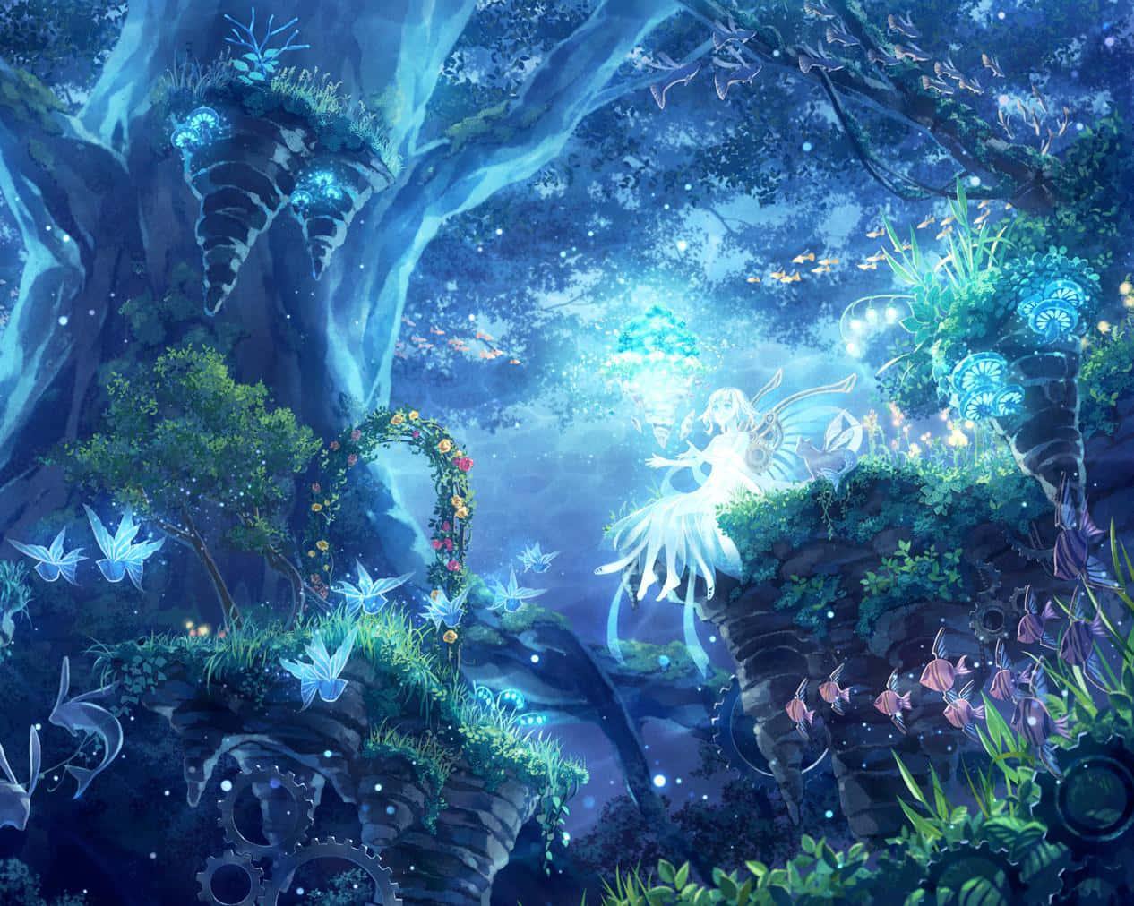 Enchanting 桌布 壁紙 — 一位閃耀的仙子，擁有半透明的翅膀，在星空下漂浮於神秘森林中，周圍是藍色發光的樹木和閃爍的植物。