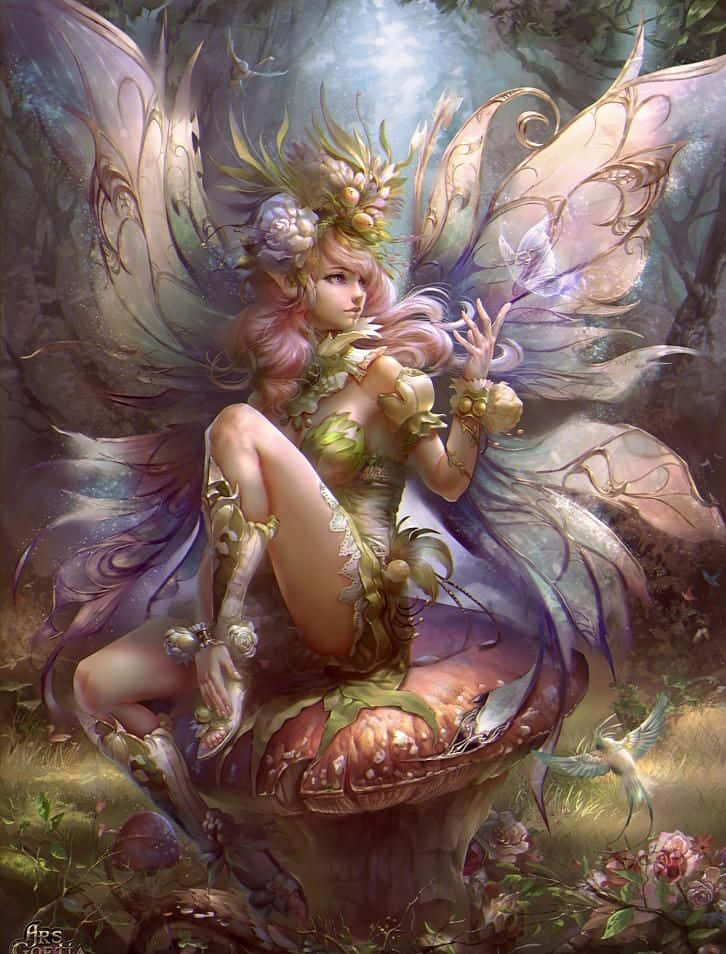 仙子美學動態圖 桌布 壁紙 — 一位閃耀的仙子，擁有精緻的翅膀和花卉裝飾，優雅地坐在神秘森林中一個巨大的蘑菇上，沐浴在柔和的光線中。