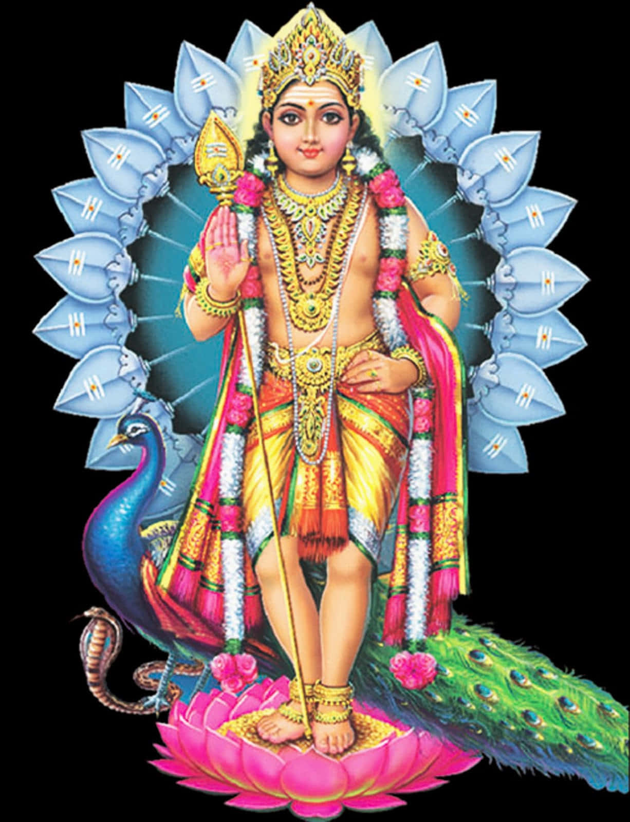 Murugan 桌布 壁紙 — 一位閃耀的印度教神祇，佩戴金色珠寶和色彩繽紛的服飾，站在粉紅色蓮花上，腳邊有一隻孔雀。