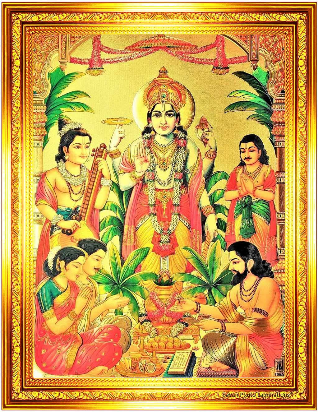 Vishnu 桌布 壁紙 — 一位閃耀的印度教神祇，身披金紅兩色，端坐於寶座上，周圍是信徒在茂密的熱帶環境中獻上祈禱和音樂。