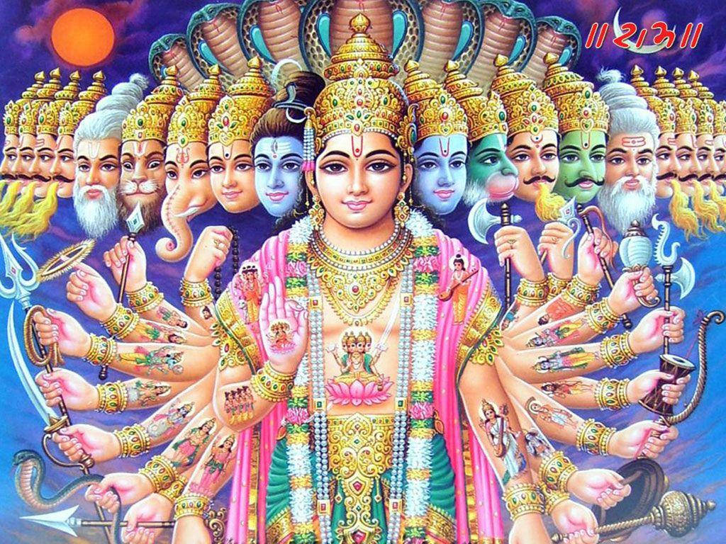 Vishnu 桌布 壁紙 — 一位閃耀的多臂印度教神祇，飾以金色和粉紅色，被神聖面孔環繞，在宇宙紫色天空下手持神聖武器。
