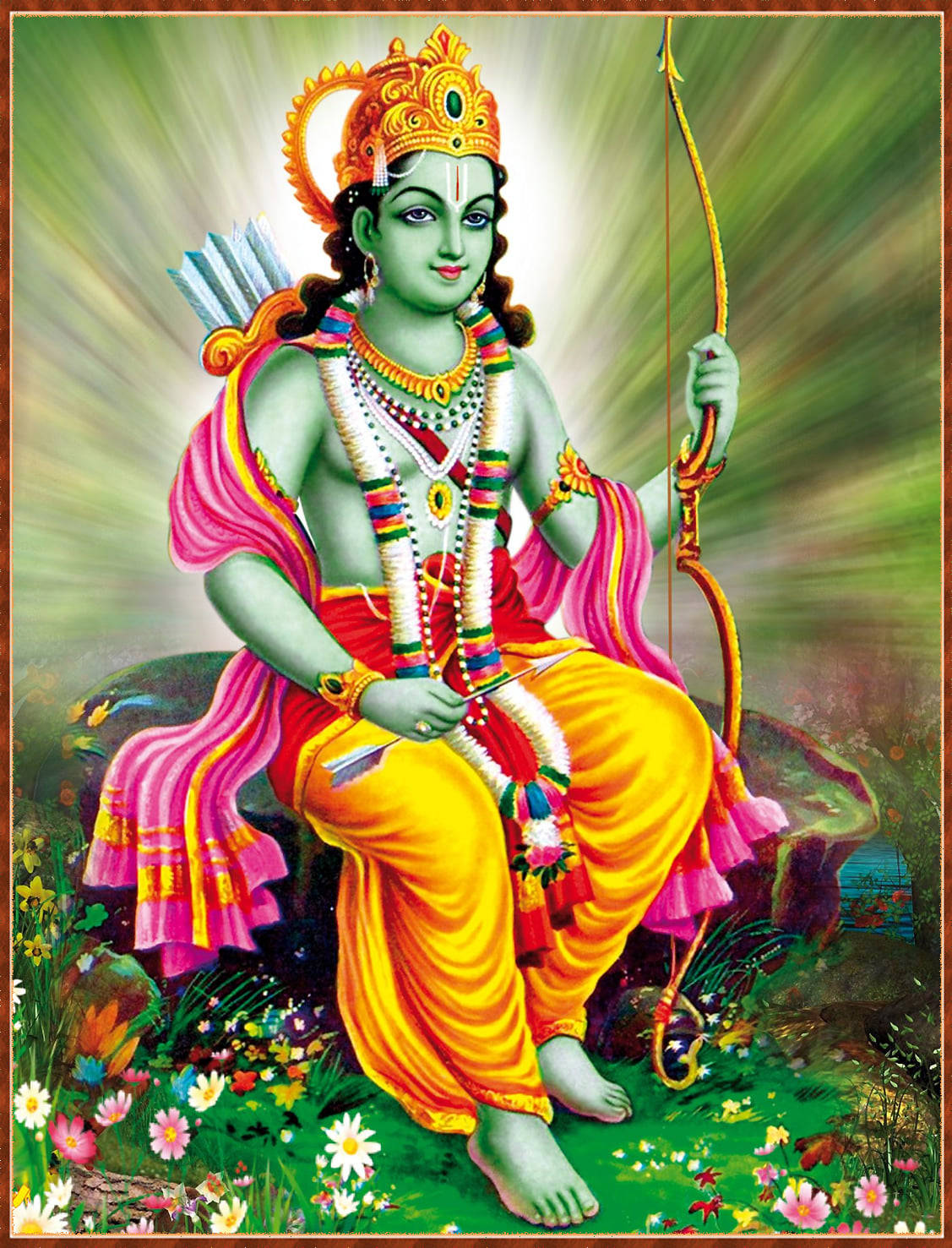 krishna 3d 桌布 壁紙 — 一位閃耀的綠色皮膚印度教神祇，頭戴金色皇冠，手持弓箭，優雅地坐在岩石上，周圍環繞著色彩繽紛的花朵和耀眼的光芒。