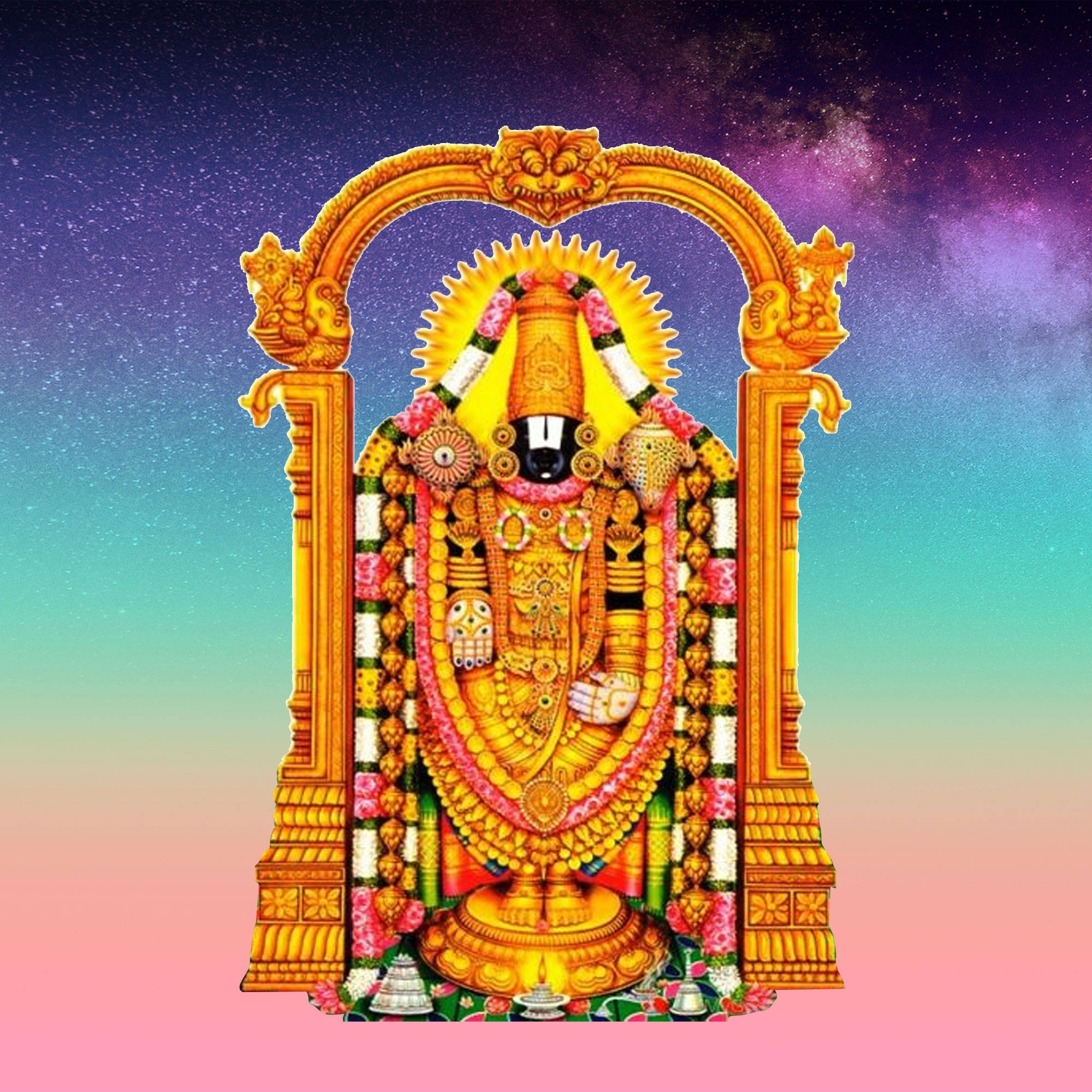 Hindu God 桌布 壁紙 — 一位閃耀的金色神祇，裝飾著色彩繽紛的花朵和精緻的珠寶，站在星光燦爛的宇宙拱門下。