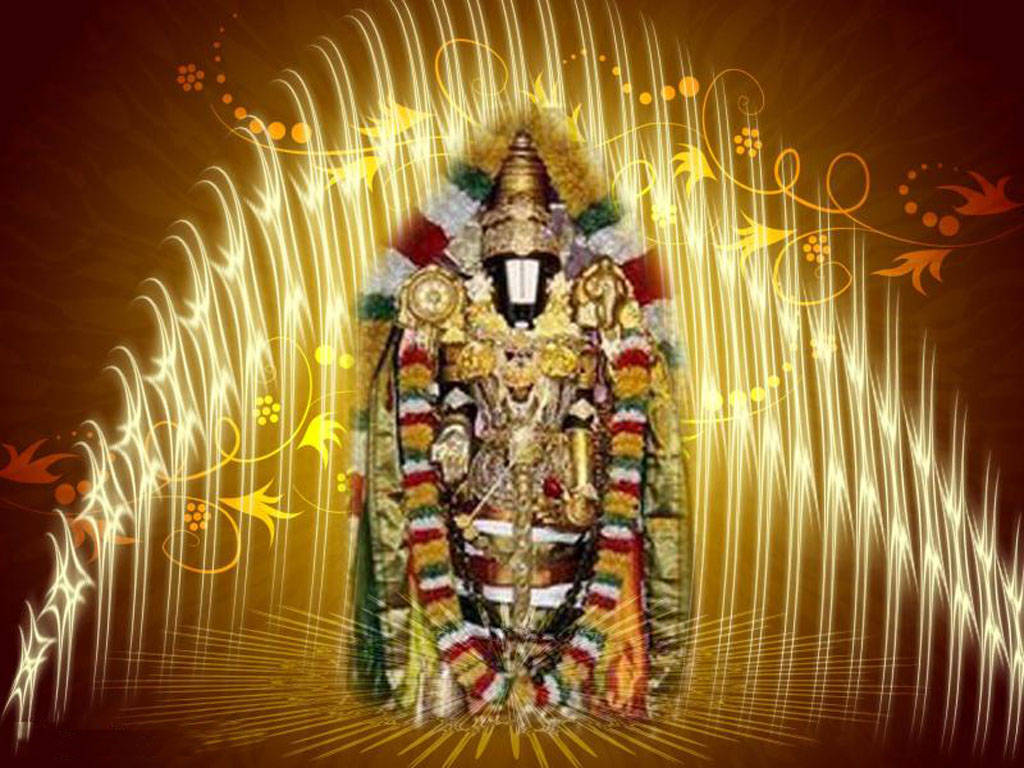 lord venkateswara HD 桌布 壁紙 — 一位閃耀的金色神祇，裝飾著色彩繽紛的花環和精緻的珠寶，背景是帶有華麗漩渦的發光金色。