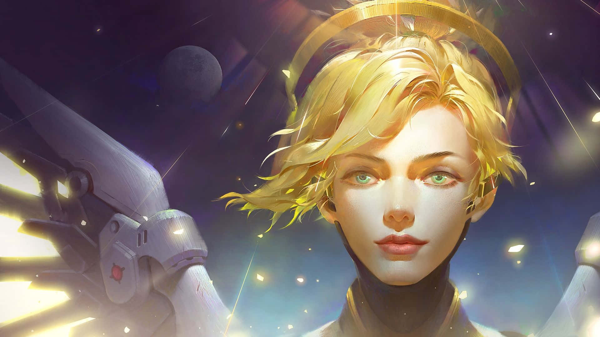Overwatch Mercy 桌布 壁紙 — 一位閃耀的金髮天使，擁有發光的綠色眼睛和機械翅膀，站在有星星和月亮的宇宙背景前。