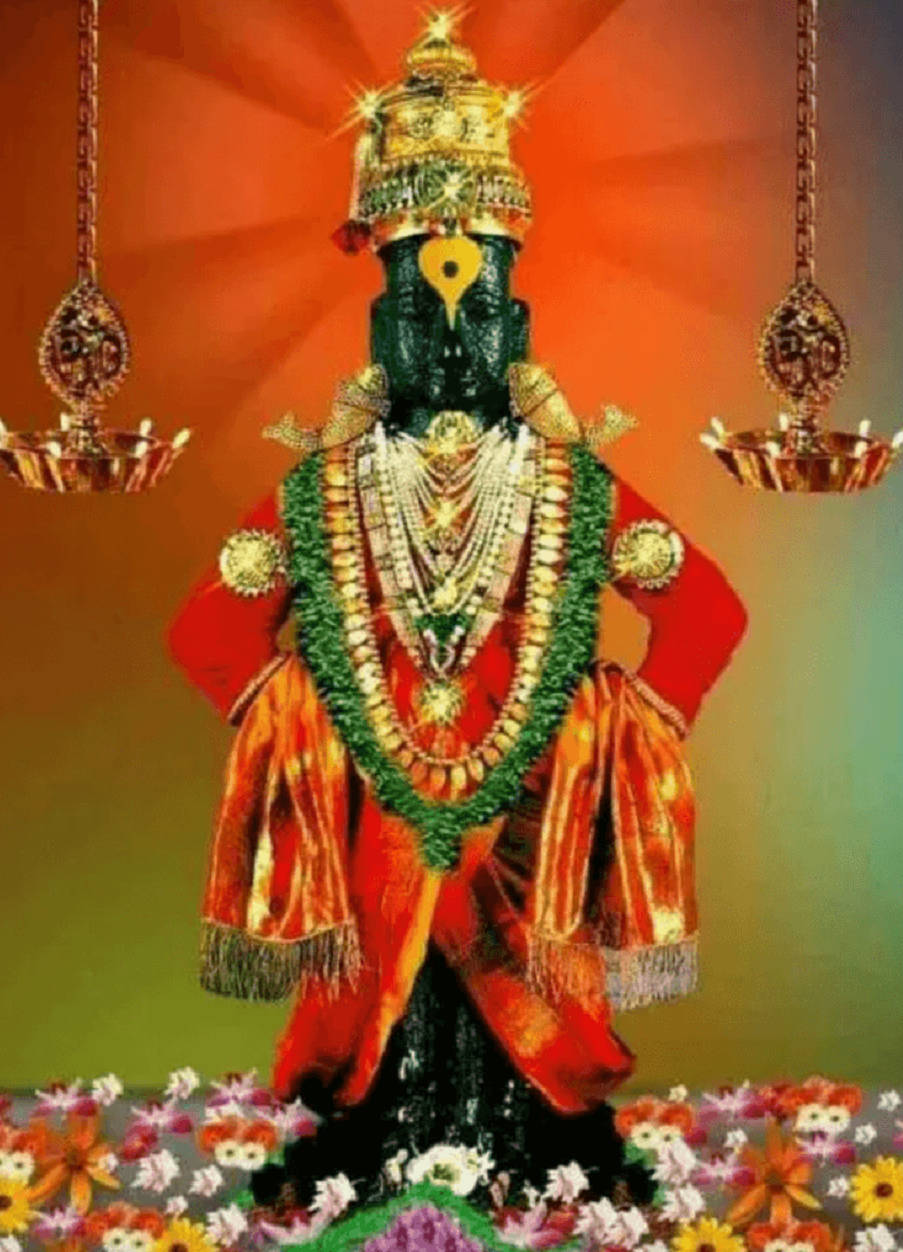 Hindu God 桌布 壁紙 — 一位閃耀的黑色神祇，佩戴著黃金首飾和紅橙色長袍，站在色彩繽紛的花朵中，懸掛的油燈在溫暖的漸變背景前閃耀。