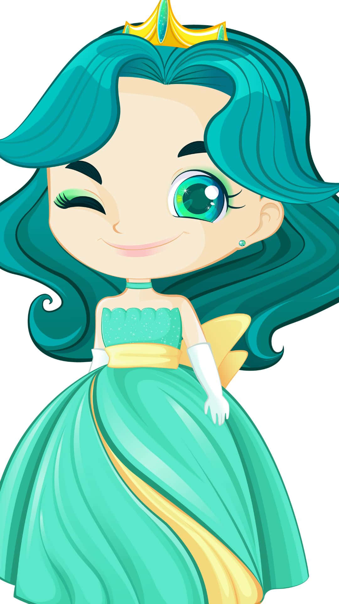 Cute Queen 桌布 壁紙 — 一位開心的Q版公主，擁有青綠色頭髮和金色皇冠，穿著青綠色和金色的禮服俏皮地眨眼。
