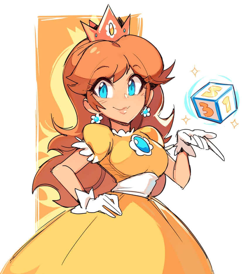 Princess Daisy 桌布 壁紙 — 一位開心的動漫公主，橙色頭髮戴著皇冠，指著一個漂浮的骰子，上面有發光的數字，背景是溫暖的橙色。