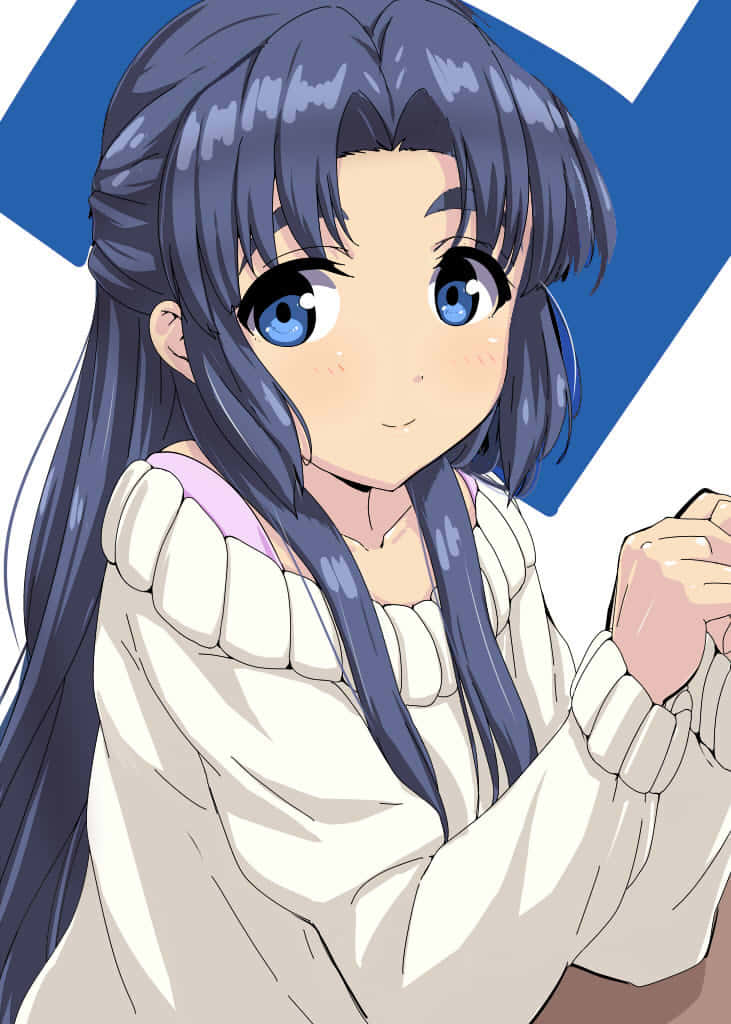 Ryoko Asakura 桌布 壁紙 — 一位開心的動漫女孩，擁有長長的藍色頭髮和明亮的藍色眼睛，穿著白色毛衣，在鮮明的藍色幾何背景前微笑。