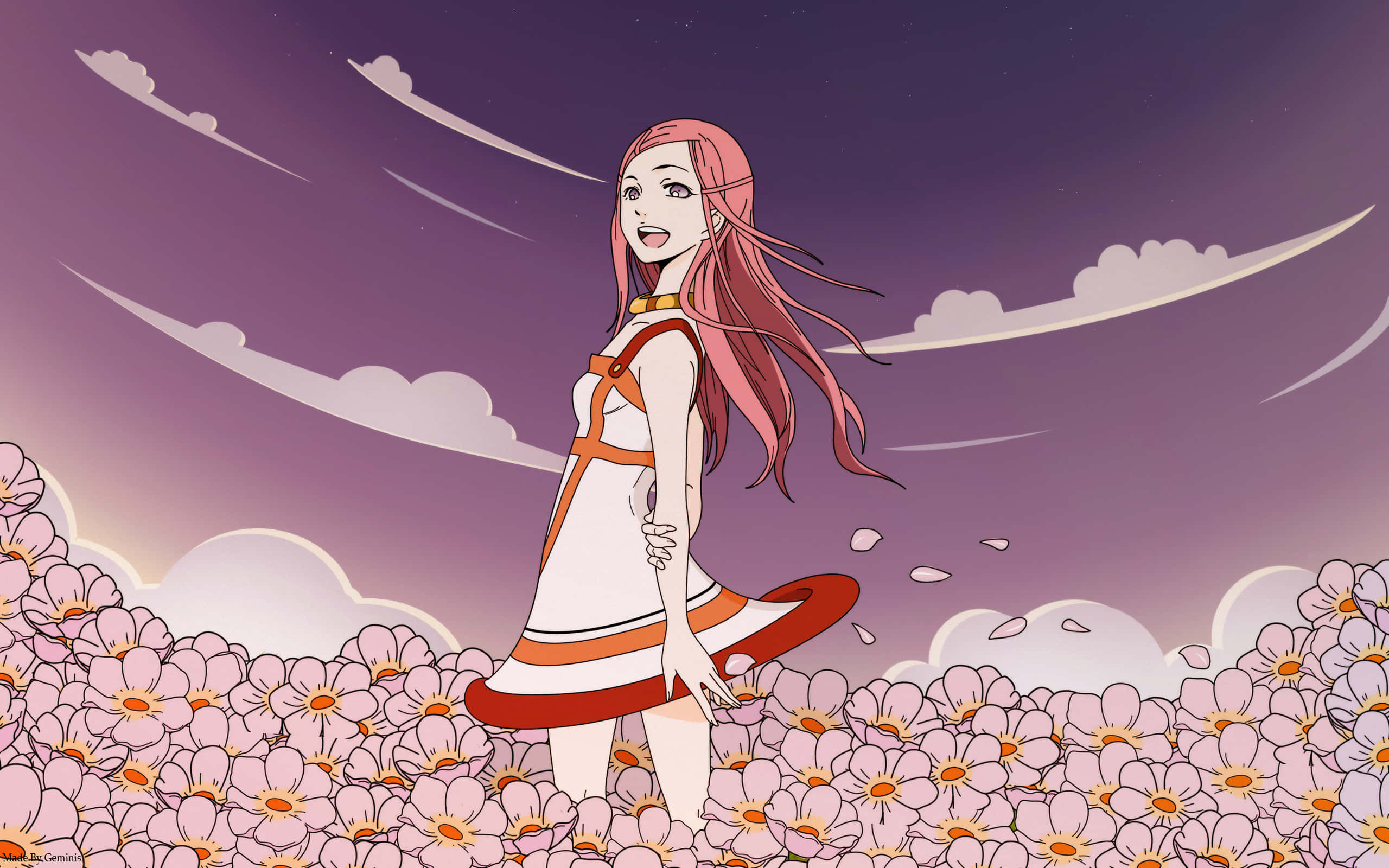 Eureka Seven Anemone 桌布 壁紙 — 一位開心的動漫女孩，粉紅色頭髮，站在粉紅色花田裡，背景是紫色暮色天空和條紋雲。