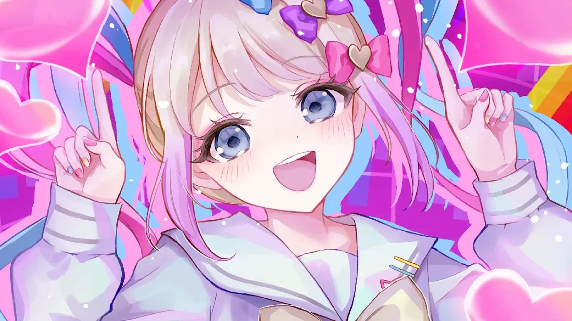 Needy Streamer Overload 桌布 壁紙 — 一位開心的動漫女孩，粉紅色頭髮和藍色眼睛，在充滿漂浮心形的鮮豔粉紅和紫色背景前微笑並做出和平手勢。
