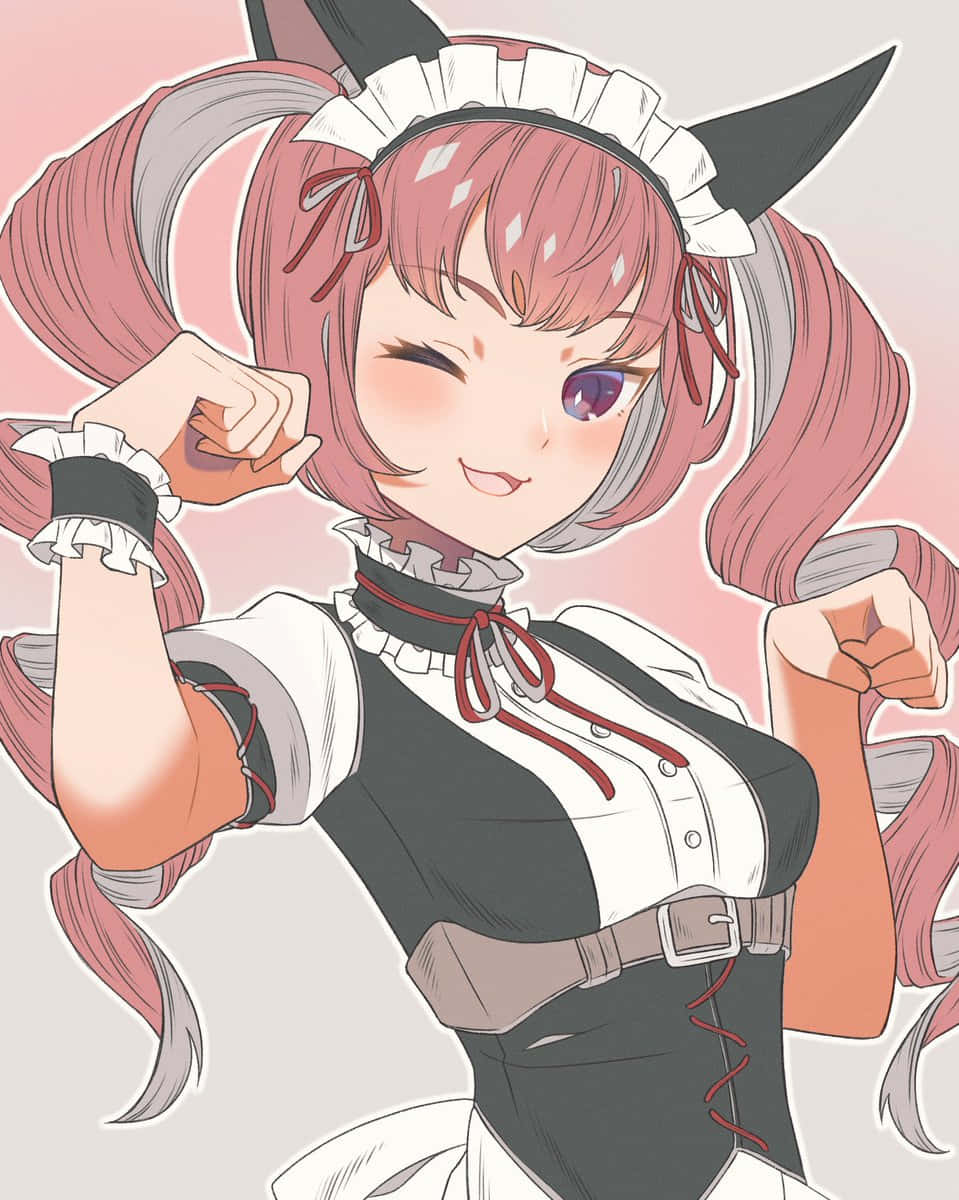 Faris Nyannyan 桌布 壁紙 — 一位開心的動漫女孩，粉紅色頭髮和貓耳，穿著女僕裝在柔和的粉紅色背景前彎曲手臂。