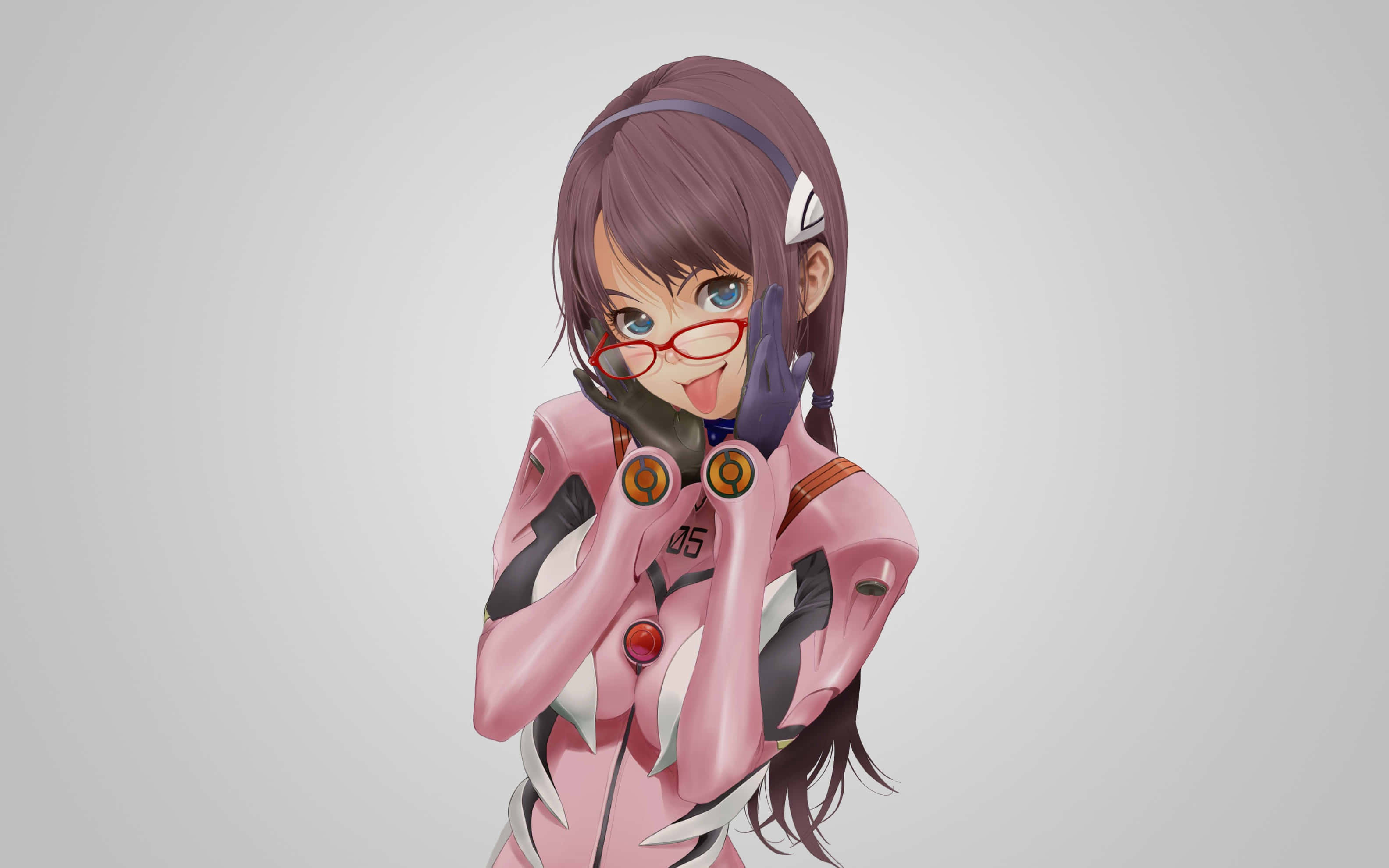 Mari Illustrious Makinami 桌布 壁紙 — 一位開心的動漫女孩，紫色頭髮，戴紅色眼鏡，穿著粉紅色和黑色的未來風格套裝，頑皮地伸出舌頭。