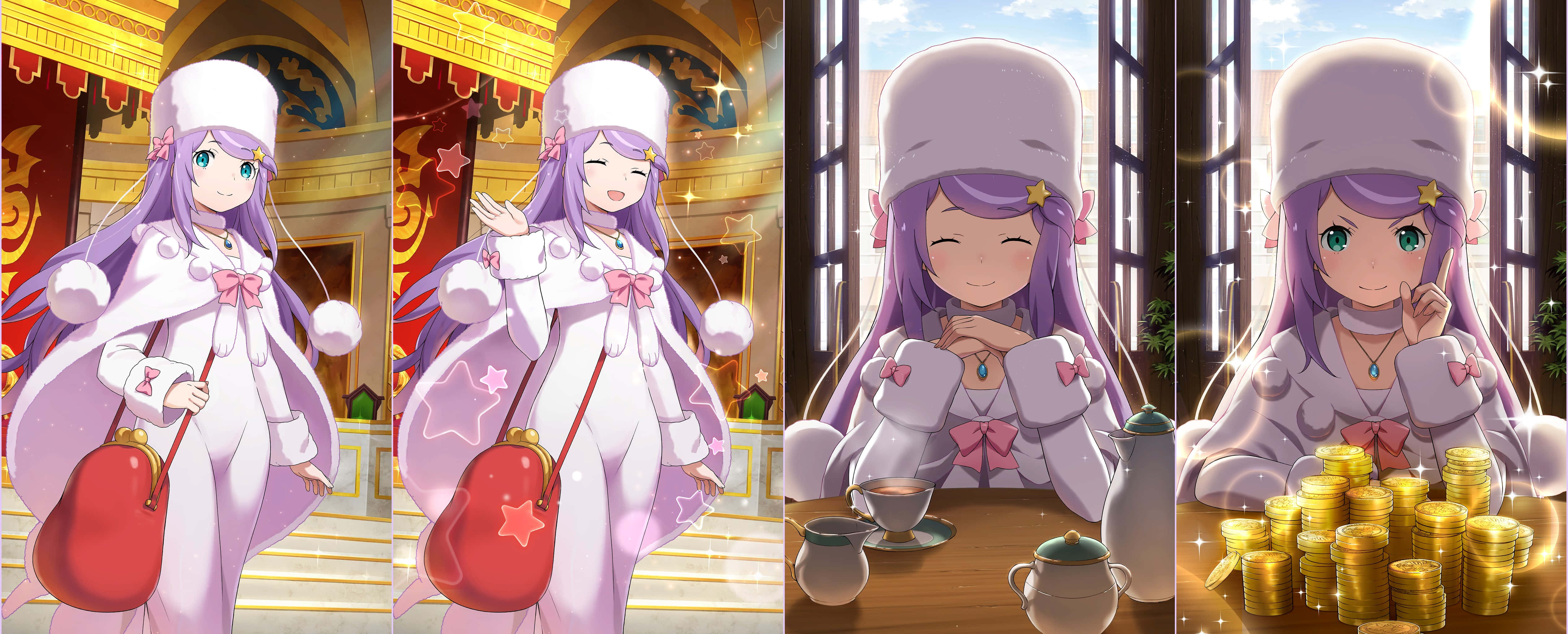 Anastasia Hoshin 桌布 壁紙 — 一位開心的動漫女孩，紫色頭髮，白色服裝，在四個場景中微笑：走路、揮手、喝茶和數金幣。