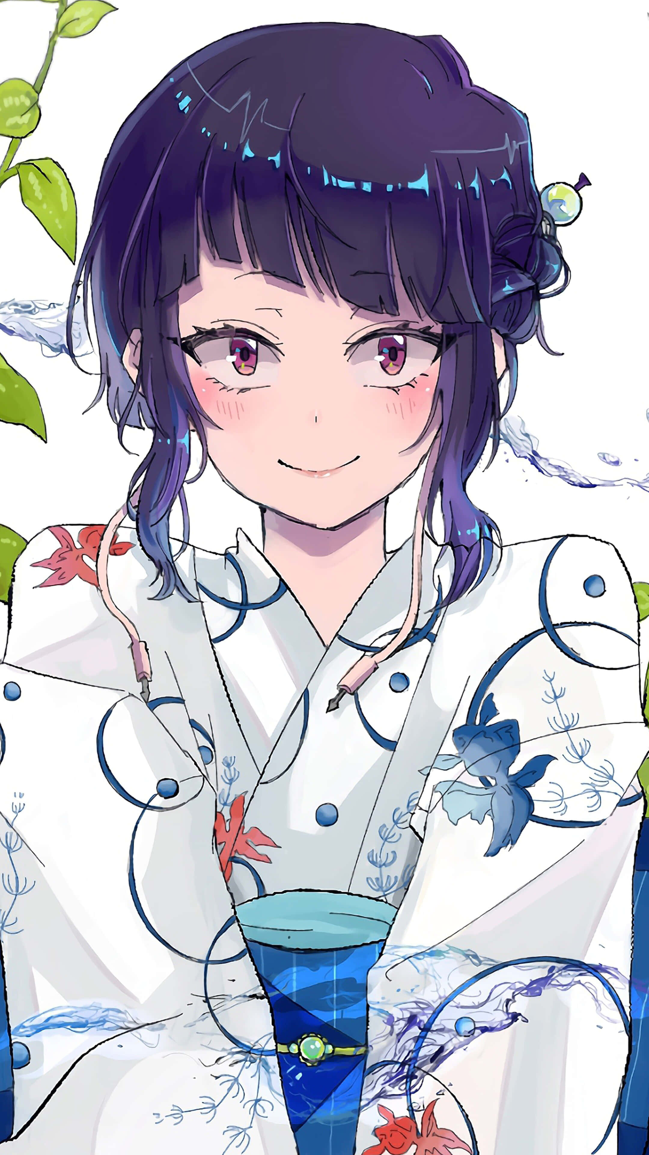 Kyoka Jiro 桌布 壁紙 — 一位開心的動漫女孩，紫色頭髮和紅色眼睛，微笑著穿著帶有藍色花卉圖案的白色和服。