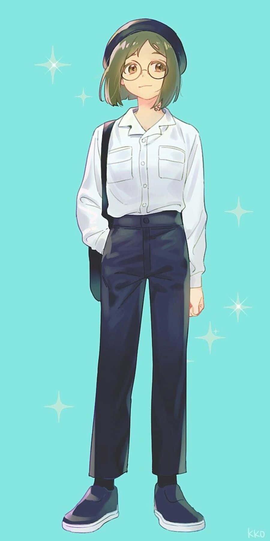 The Promised Neverland Gilda 桌布 壁紙 — 一位開心的動漫女孩，綠色頭髮戴眼鏡，站在明亮的青綠色背景上，有閃爍的星星。